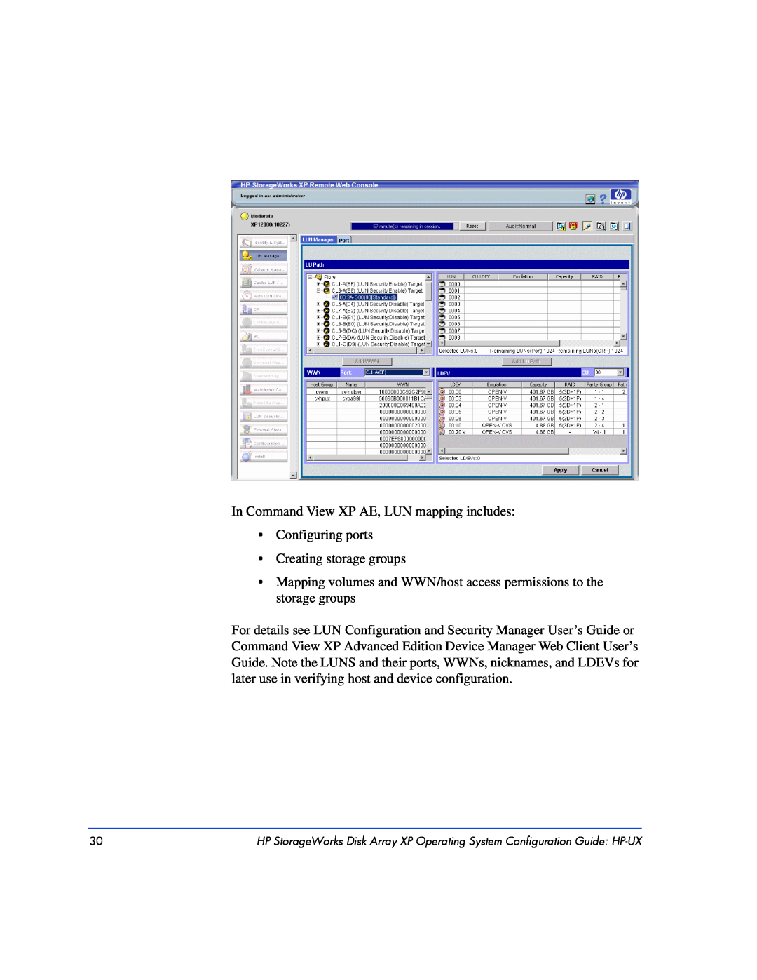 HP XP128, XP10000 manual In Command View XP AE, LUN mapping includes Configuring ports 