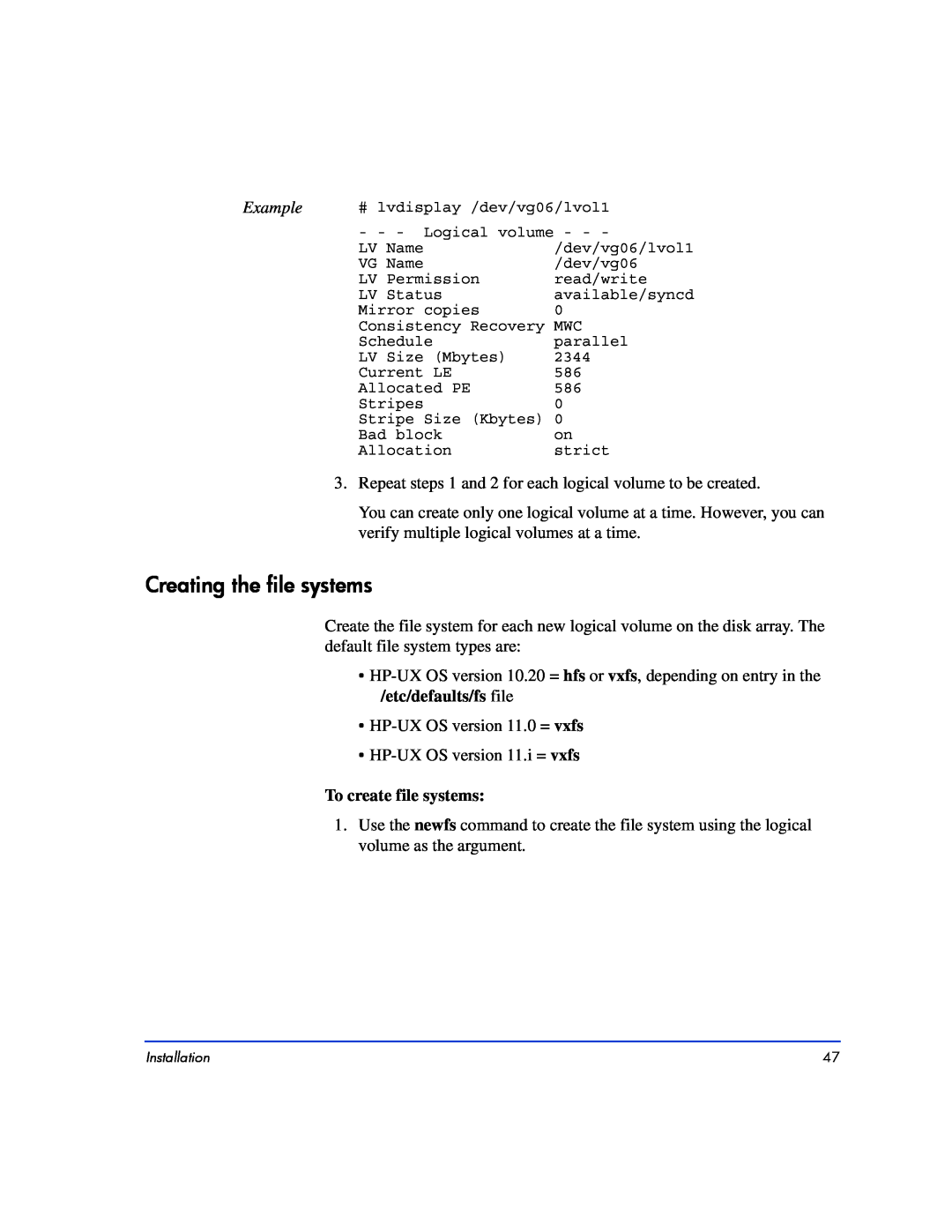 HP XP10000, XP128 manual Creating the file systems, Example, To create file systems 