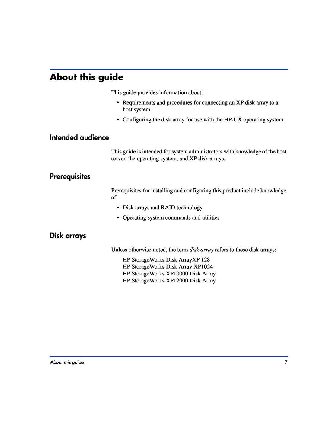 HP XP10000, XP128 manual About this guide, Intended audience, Prerequisites, Disk arrays 