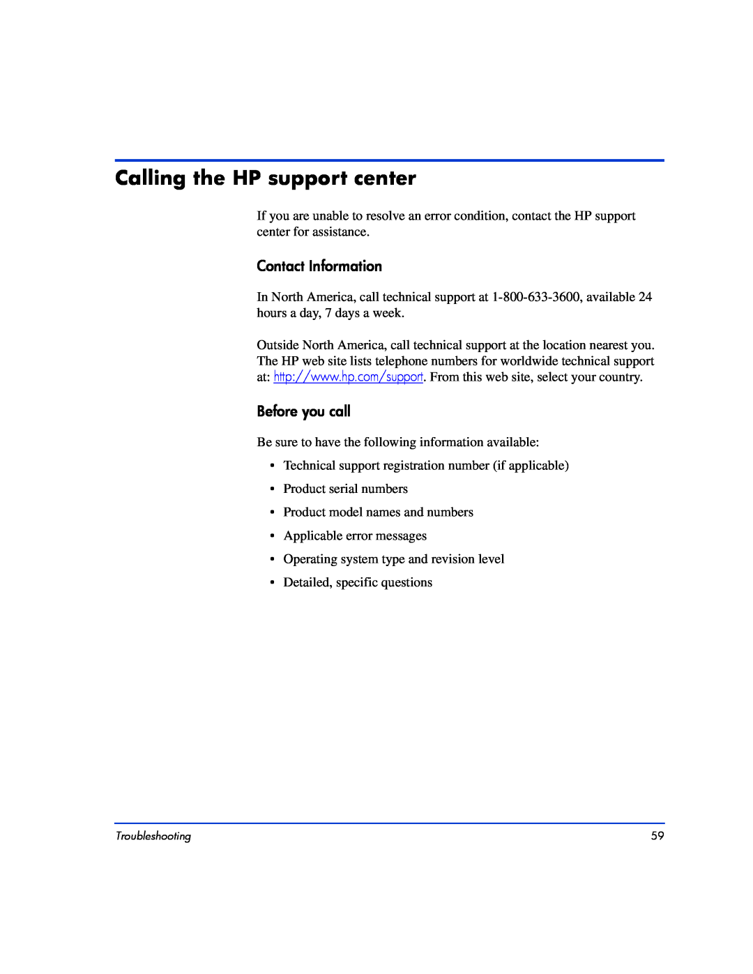 HP XP10000, XP128 manual Calling the HP support center, Contact Information, Before you call 