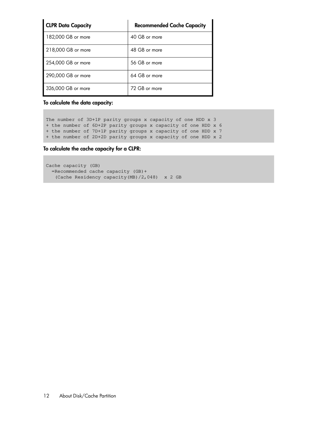 HP XP20000, XP24000 manual To calculate the data capacity, To calculate the cache capacity for a Clpr 