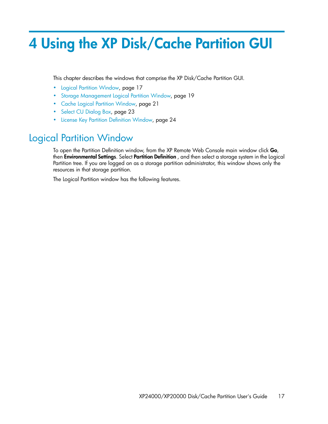 HP XP24000, XP20000 manual Using the XP Disk/Cache Partition GUI, Logical Partition Window 