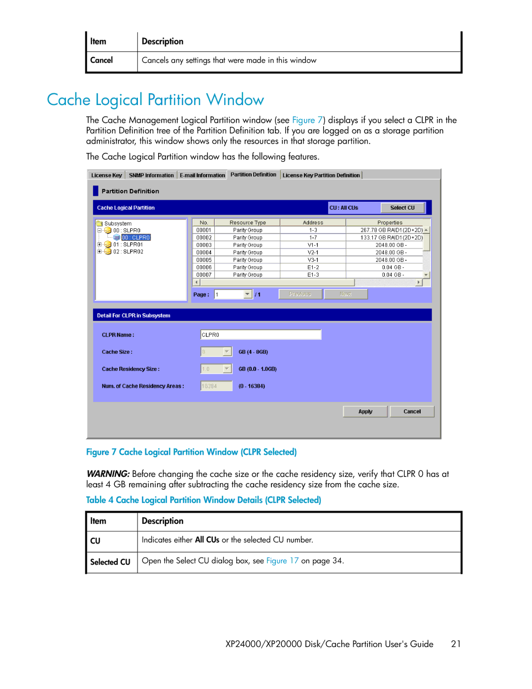 HP XP24000, XP20000 manual Cache Logical Partition Window, Item Description 