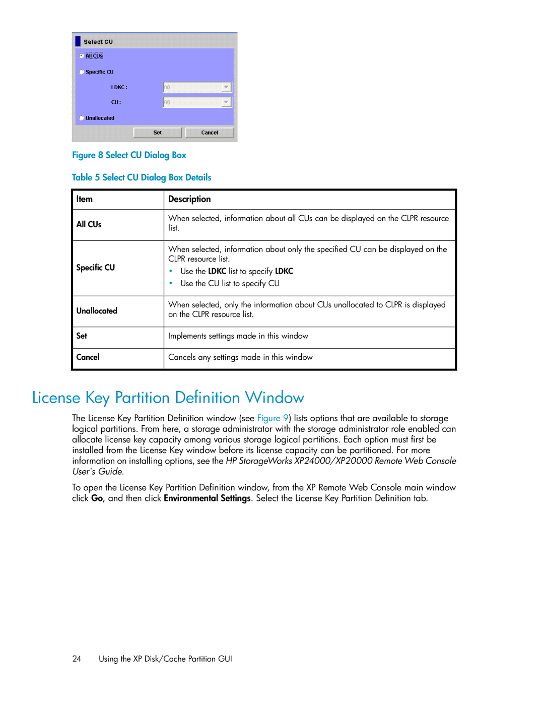 HP XP20000, XP24000 manual License Key Partition Definition Window, Select CU Dialog Box Select CU Dialog Box Details 