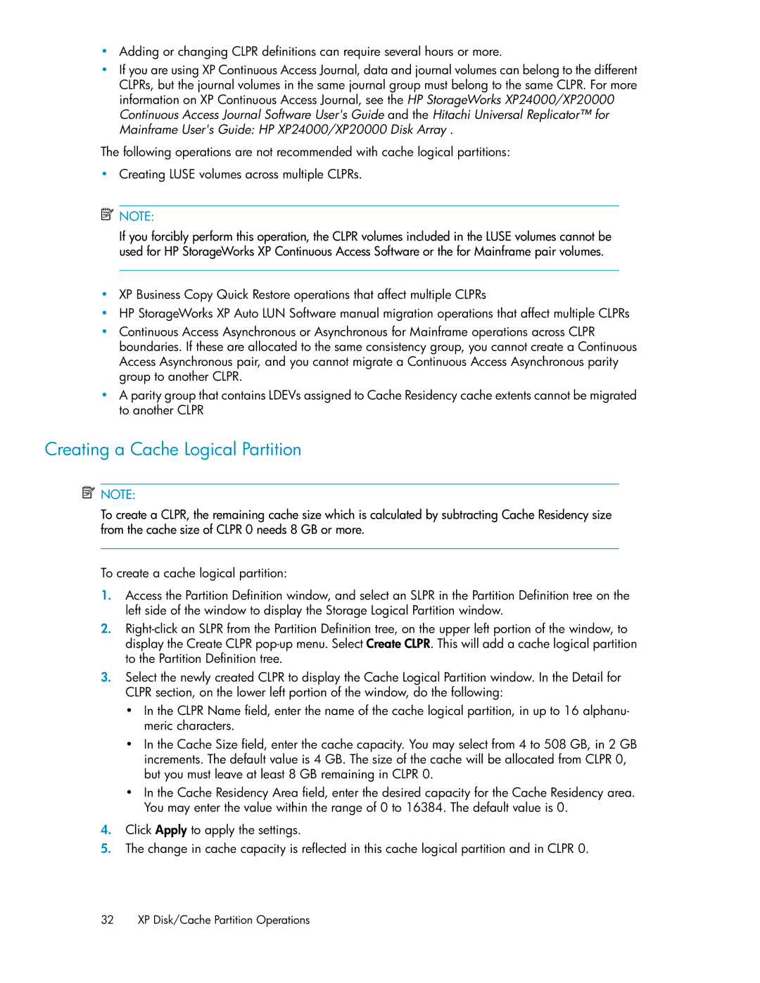 HP XP20000, XP24000 manual Creating a Cache Logical Partition 