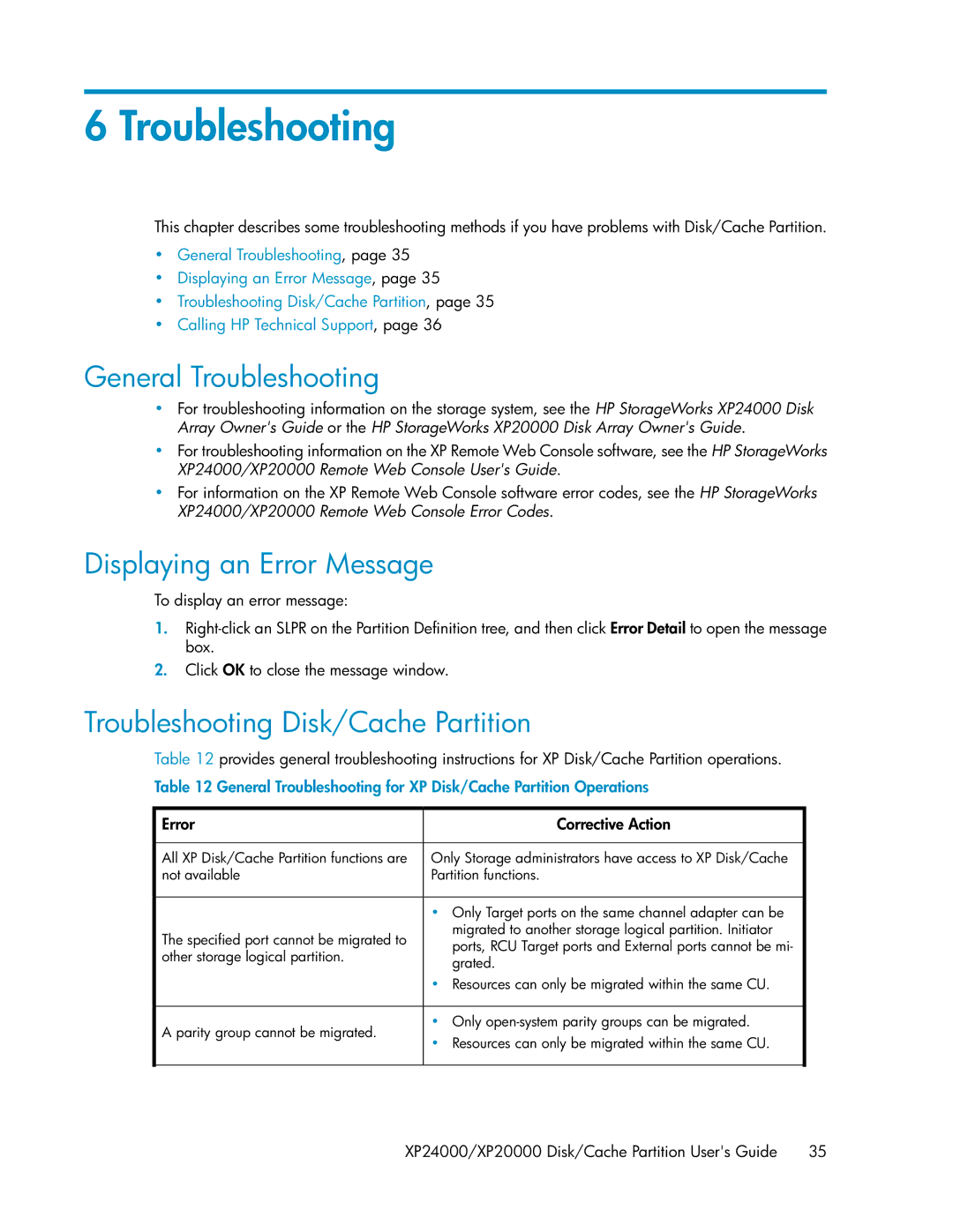 HP XP24000, XP20000 manual General Troubleshooting, Displaying an Error Message, Troubleshooting Disk/Cache Partition 