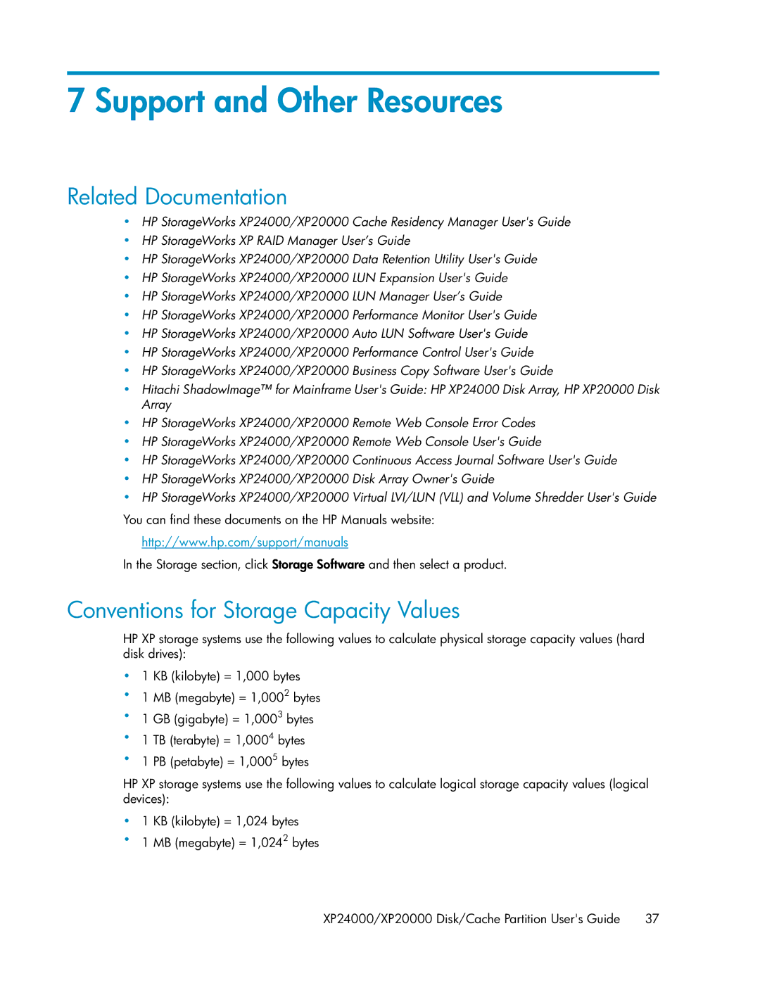 HP XP24000, XP20000 manual Support and Other Resources, Related Documentation, Conventions for Storage Capacity Values 