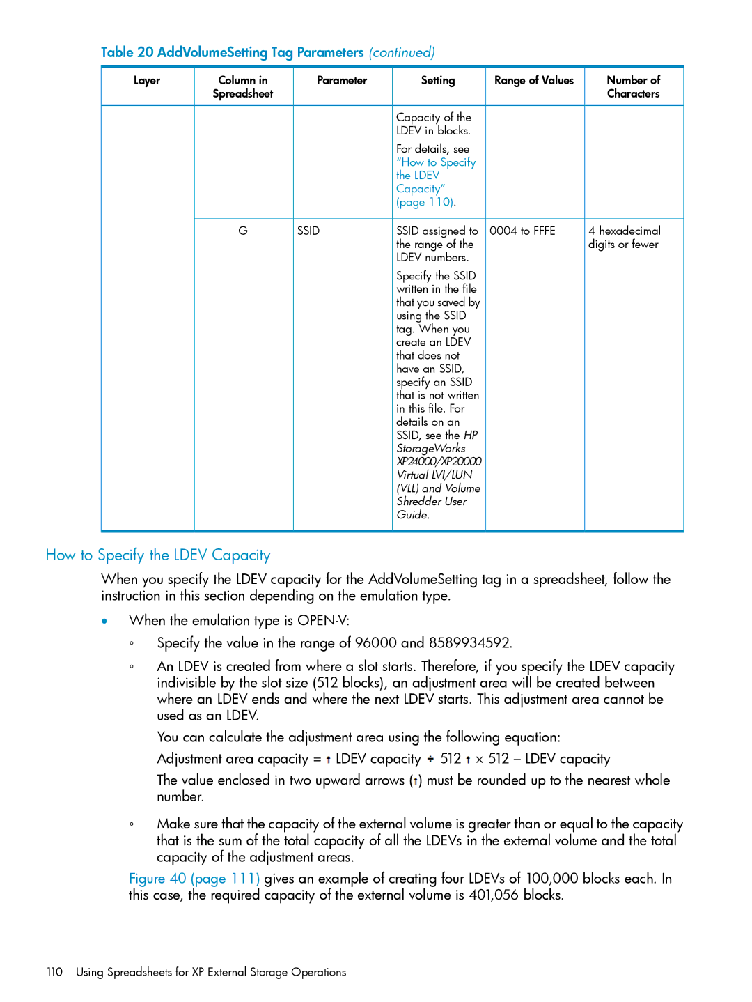 HP XP20000, XP24000 Parameter Setting Range of Values, Capacity Ldev in blocks For details, see, Ssid assigned to To Fffe 