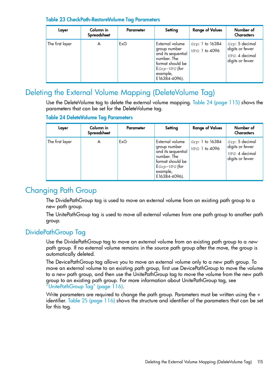 HP XP24000, XP20000 manual Deleting the External Volume Mapping DeleteVolume Tag, Changing Path Group, DividePathGroup Tag 