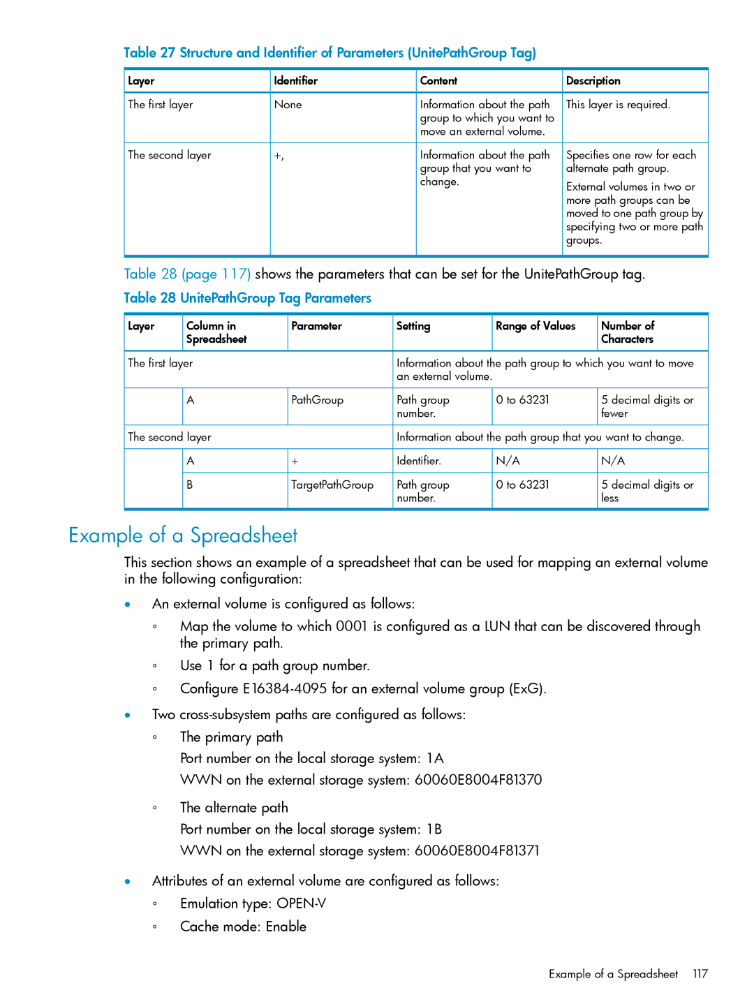 HP XP24000, XP20000 manual Example of a Spreadsheet, Structure and Identifier of Parameters UnitePathGroup Tag, Number Less 