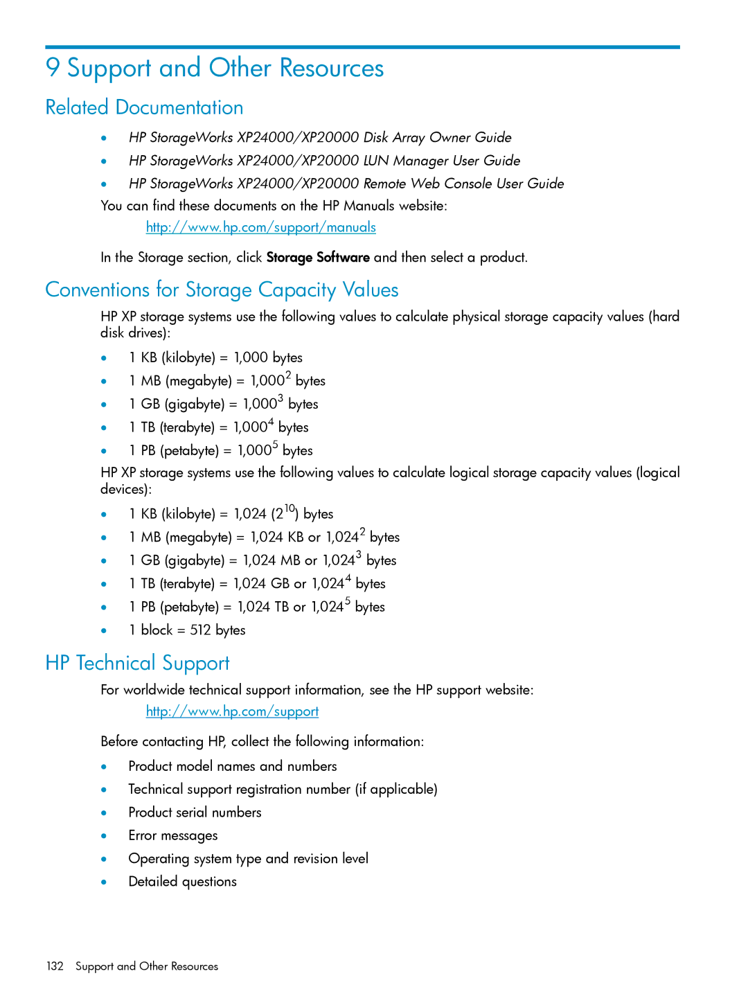 HP XP20000, XP24000 manual Support and Other Resources, Related Documentation, Conventions for Storage Capacity Values 