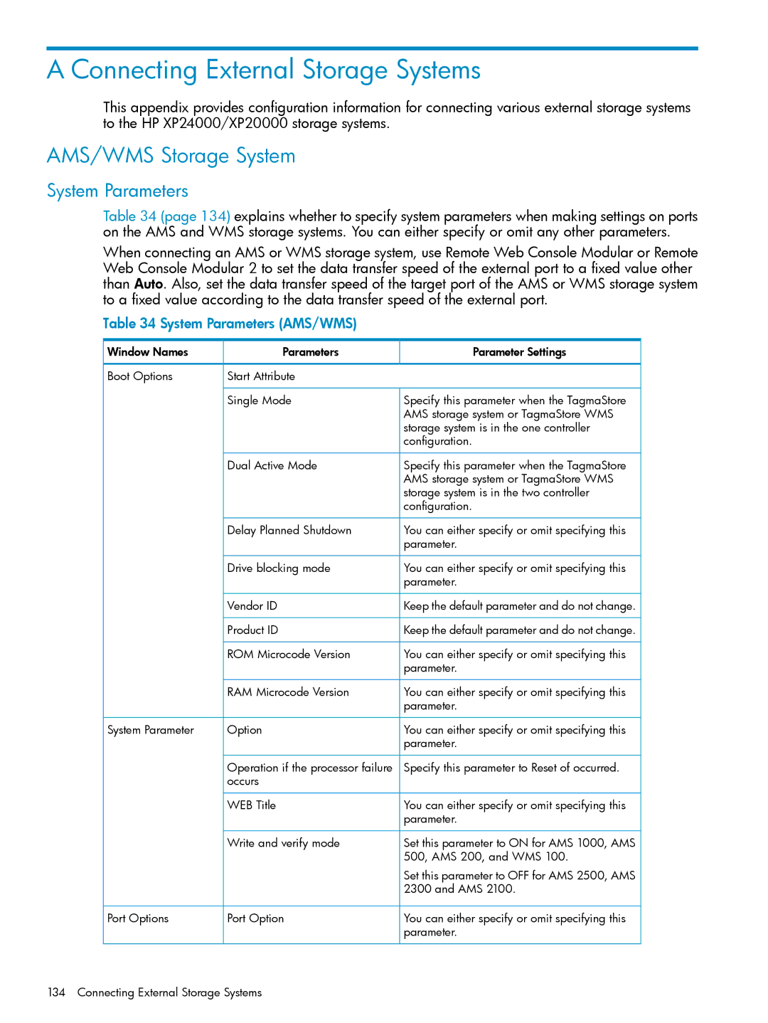 HP XP20000, XP24000 manual Connecting External Storage Systems, AMS/WMS Storage System, System Parameters AMS/WMS 