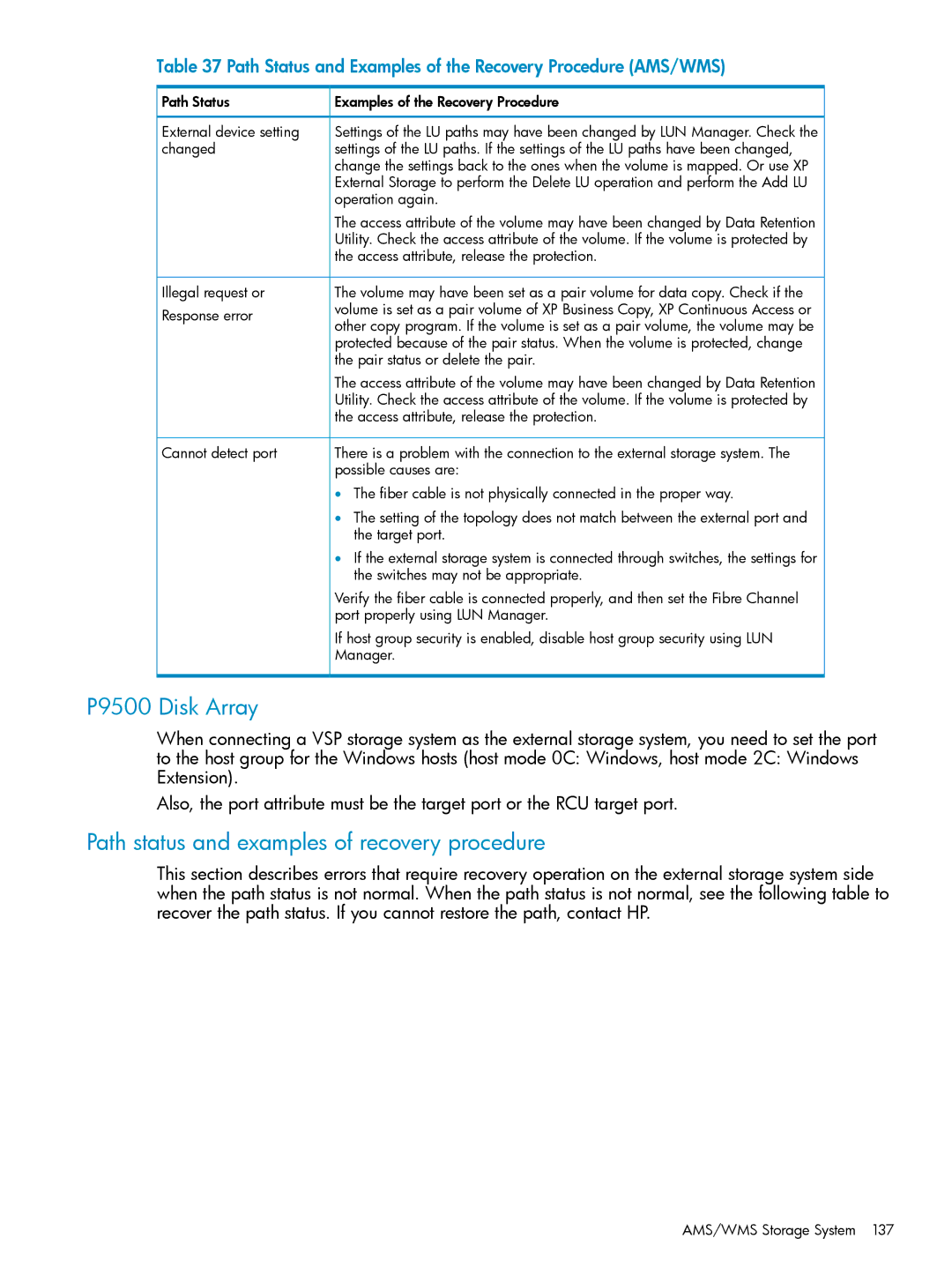 HP XP24000, XP20000 manual P9500 Disk Array, Path status and examples of recovery procedure 