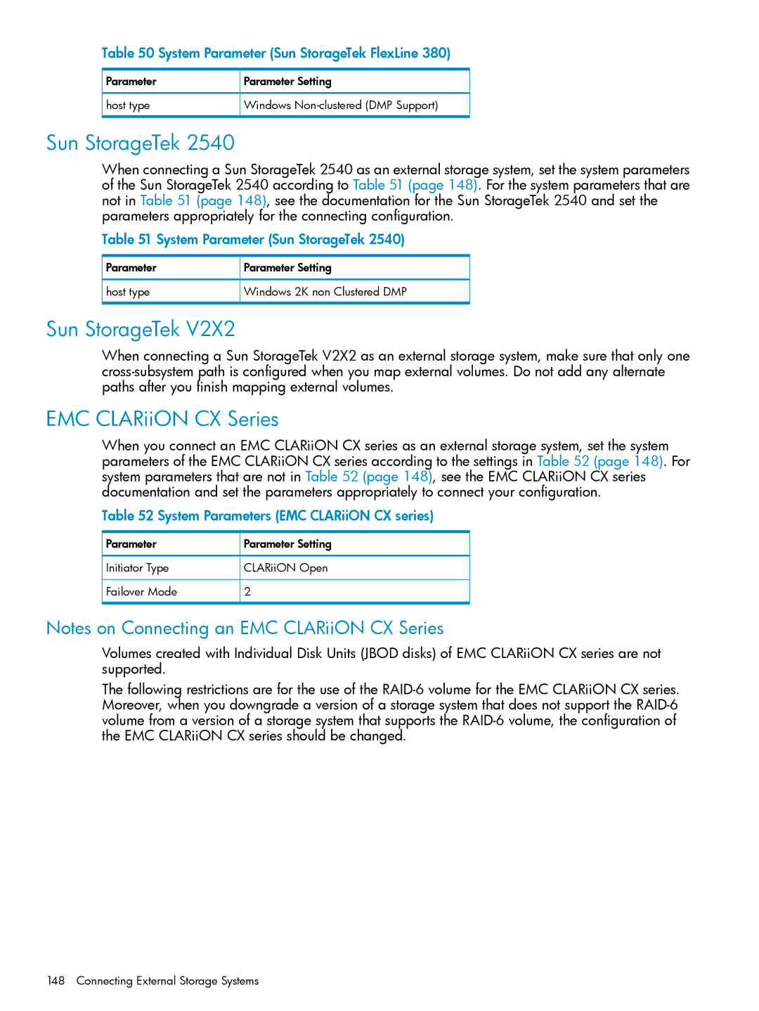 HP XP20000 EMC CLARiiON CX Series, System Parameter Sun StorageTek FlexLine, System Parameters EMC CLARiiON CX series 