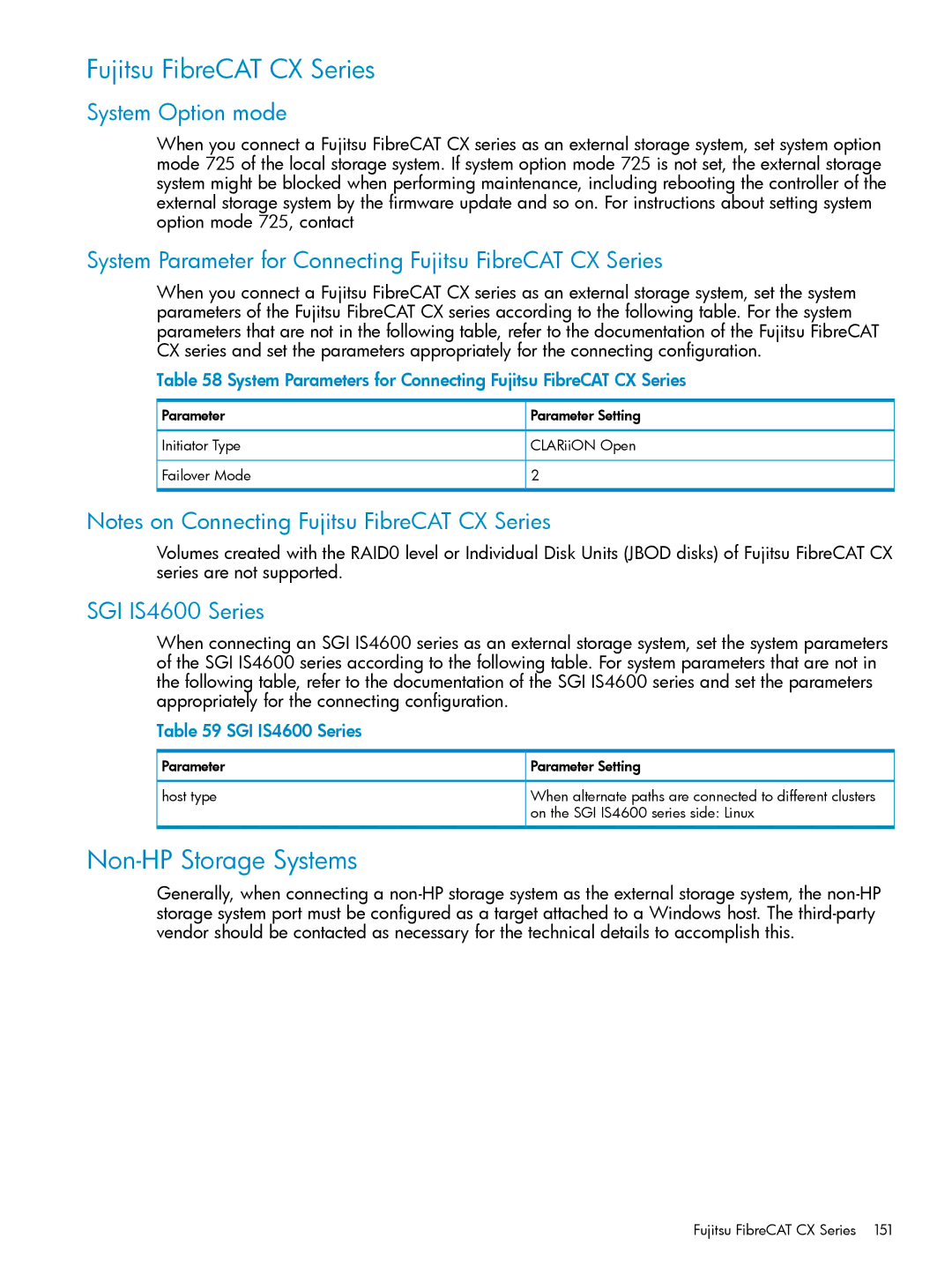 HP XP24000 manual Non-HP Storage Systems, System Parameter for Connecting Fujitsu FibreCAT CX Series, SGI IS4600 Series 