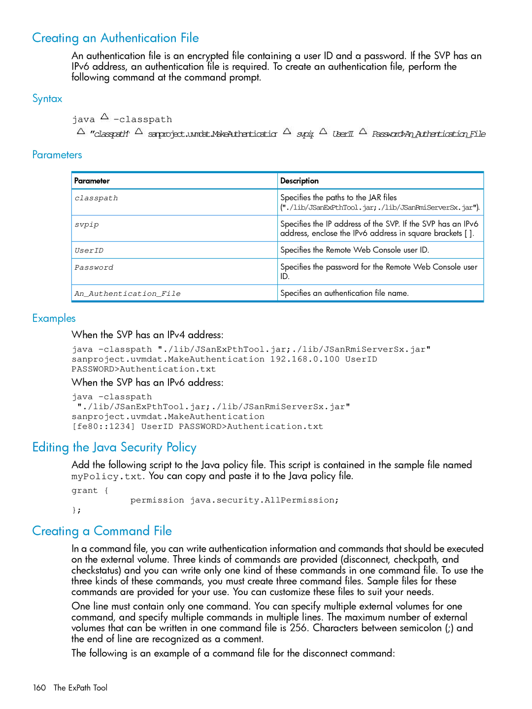 HP XP20000, XP24000 manual Creating an Authentication File, Editing the Java Security Policy, Creating a Command File 