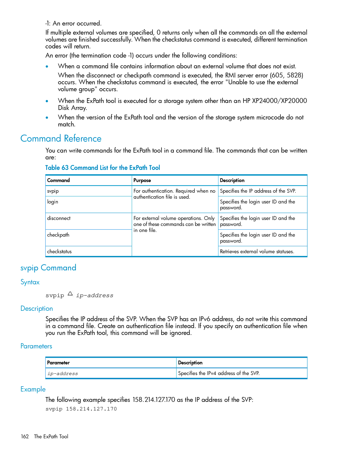 HP XP20000, XP24000 manual Command Reference, Svpip Command, Command List for the ExPath Tool, Command Purpose Svpip 