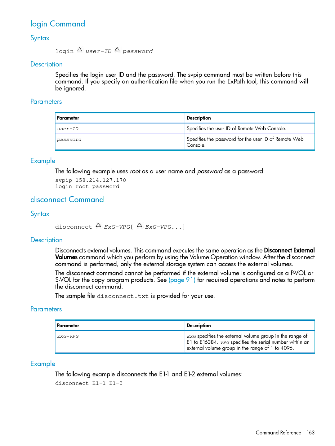 HP XP24000, XP20000 manual Login Command, Disconnect Command 