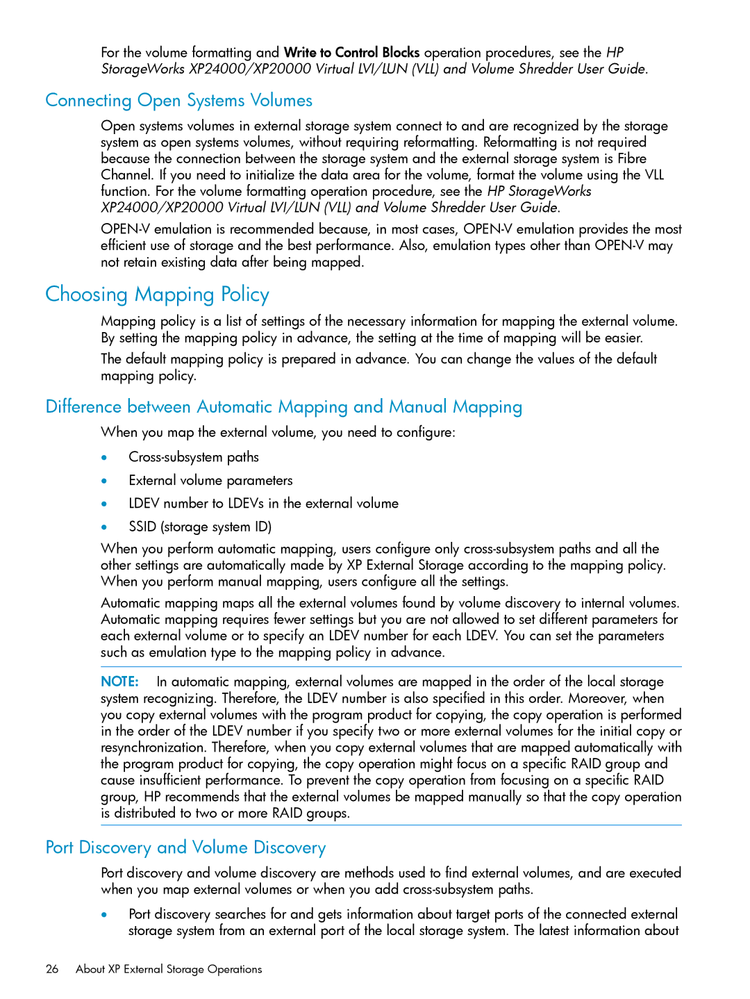 HP XP20000, XP24000 manual Choosing Mapping Policy, Connecting Open Systems Volumes, Port Discovery and Volume Discovery 