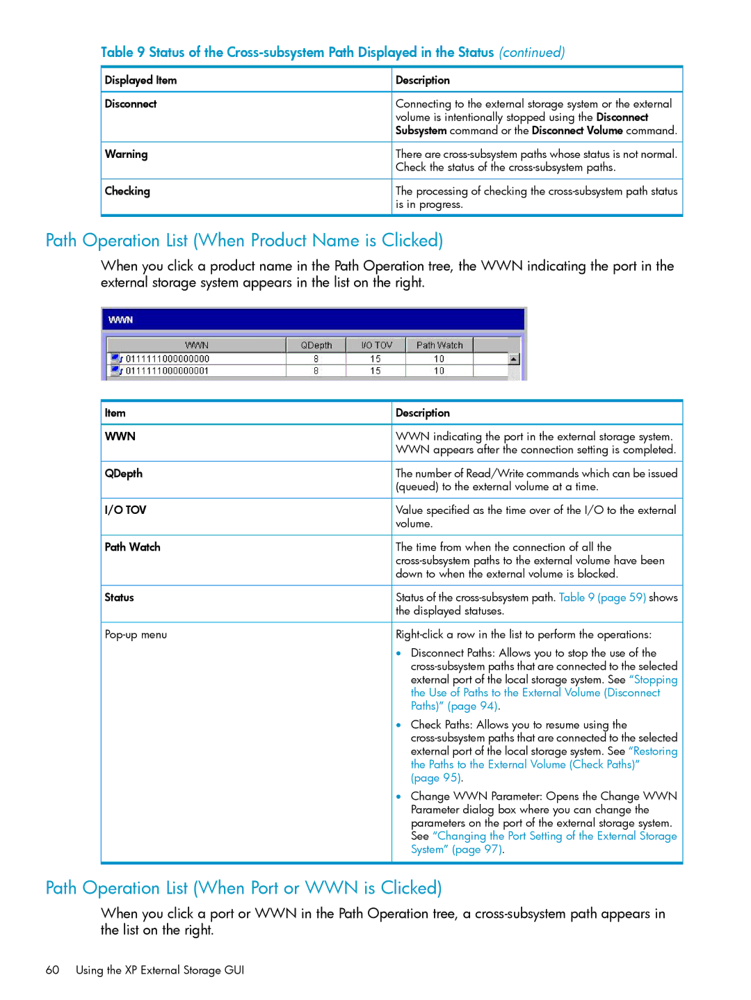 HP XP20000, XP24000 manual Path Operation List When Product Name is Clicked, Path Operation List When Port or WWN is Clicked 