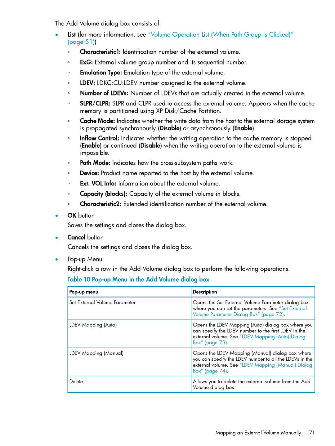 HP XP24000, XP20000 Pop-up menu Description Set External Volume Parameter, Ldev Mapping Auto, Ldev Mapping Manual, Delete 