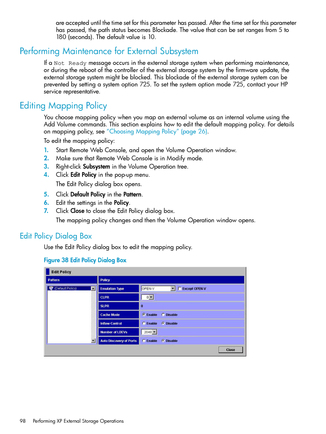 HP XP20000, XP24000 manual Performing Maintenance for External Subsystem, Editing Mapping Policy, Edit Policy Dialog Box 