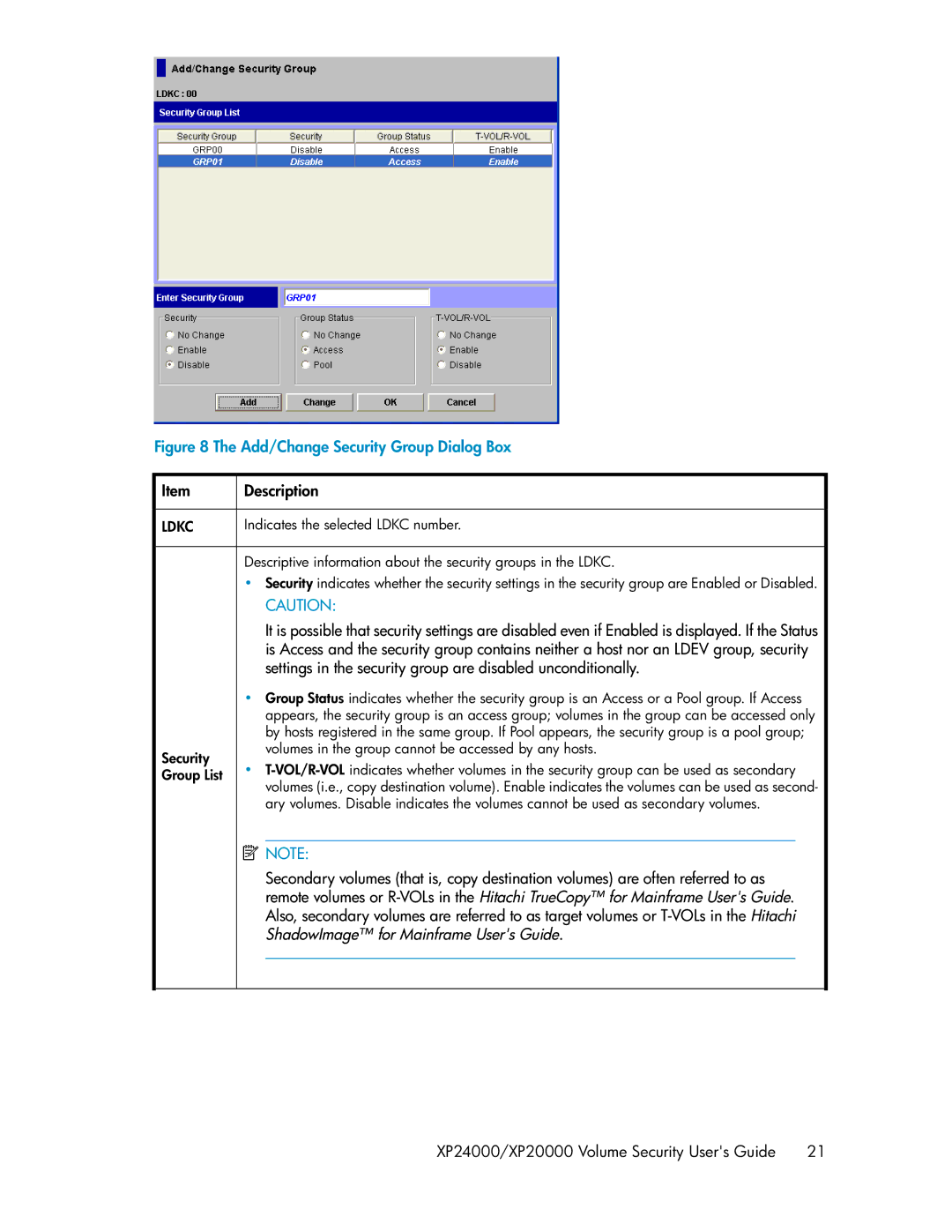 HP XP24000 manual Add/Change Security Group Dialog Box 