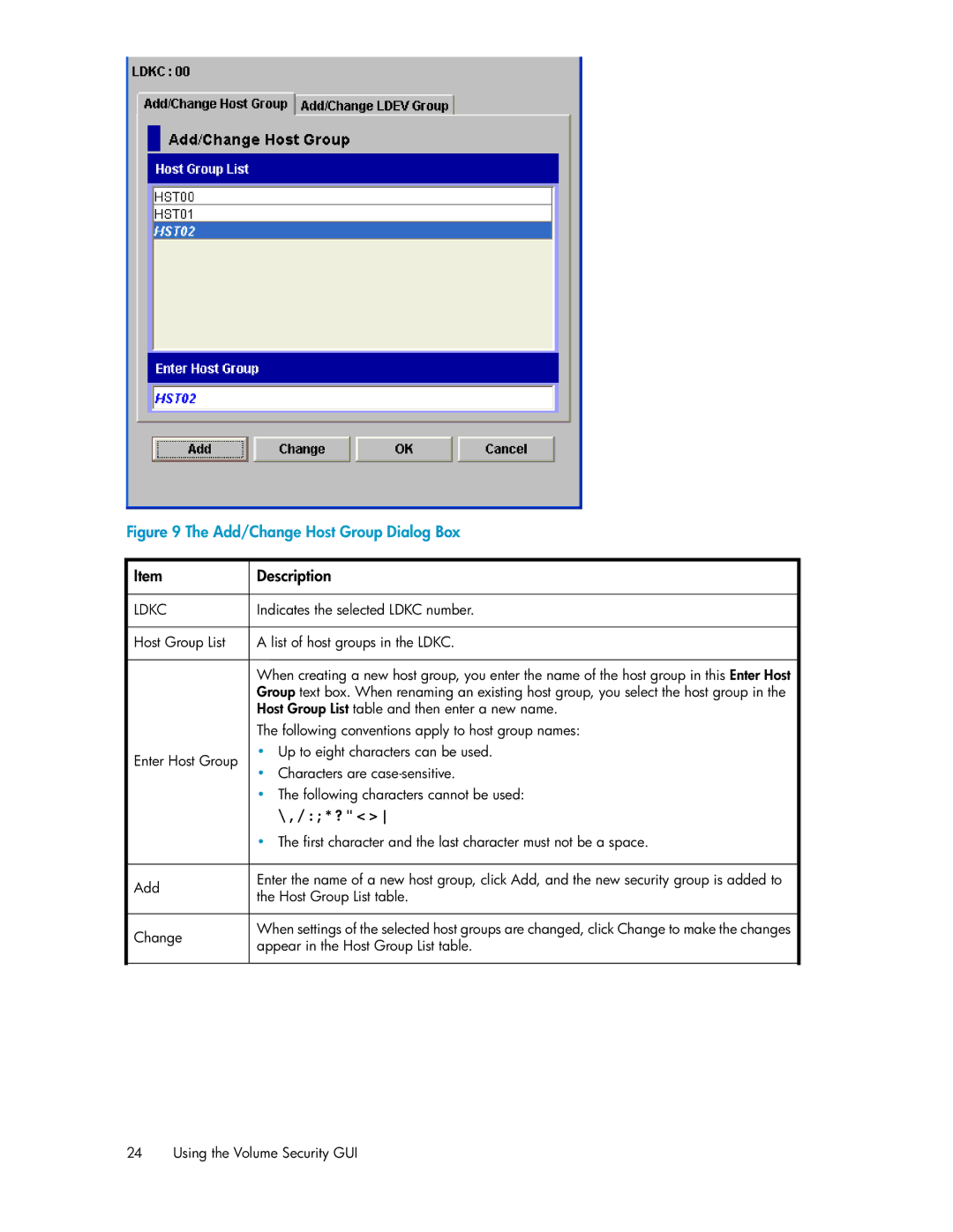 HP XP24000 manual Add/Change Host Group Dialog Box 