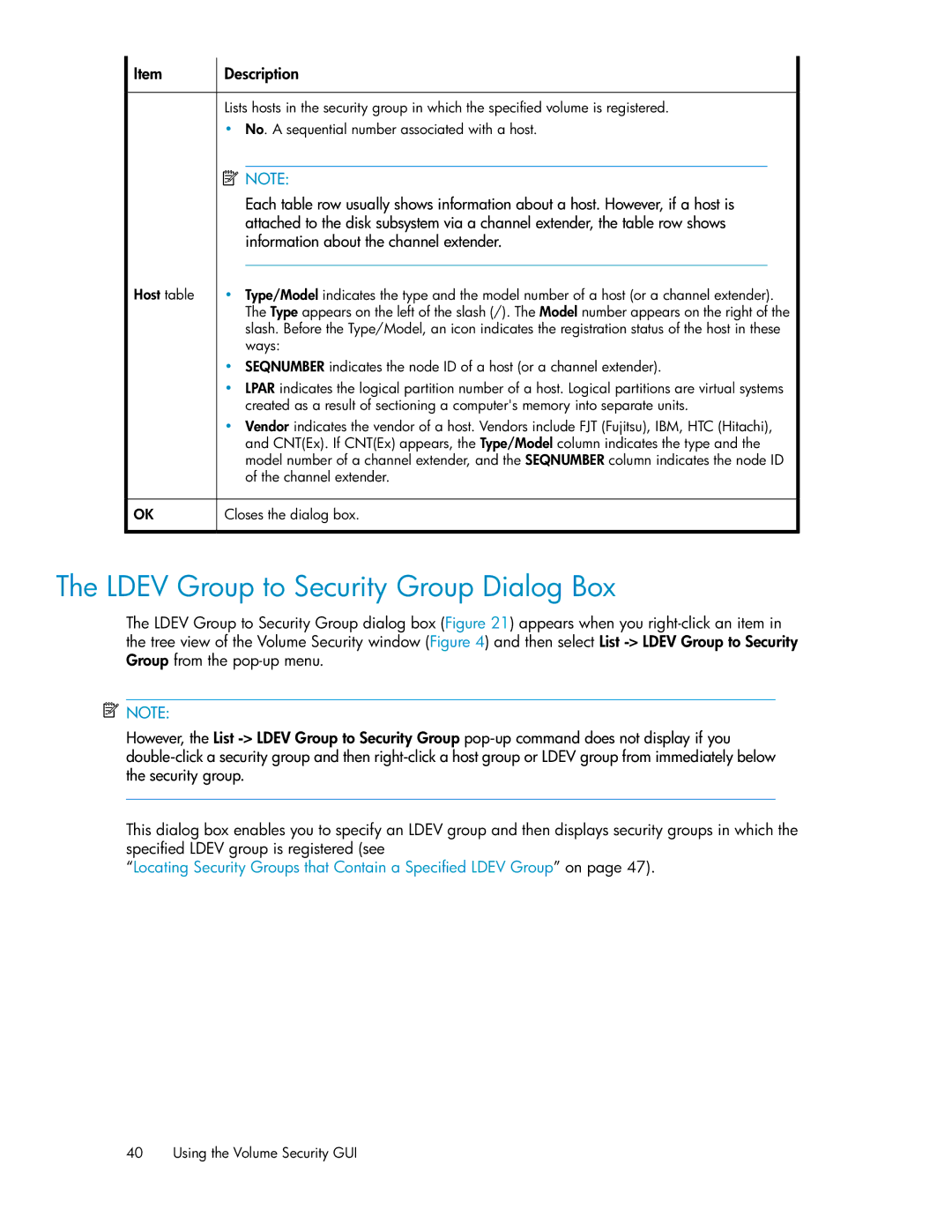 HP XP24000 manual Ldev Group to Security Group Dialog Box, Information about the channel extender 