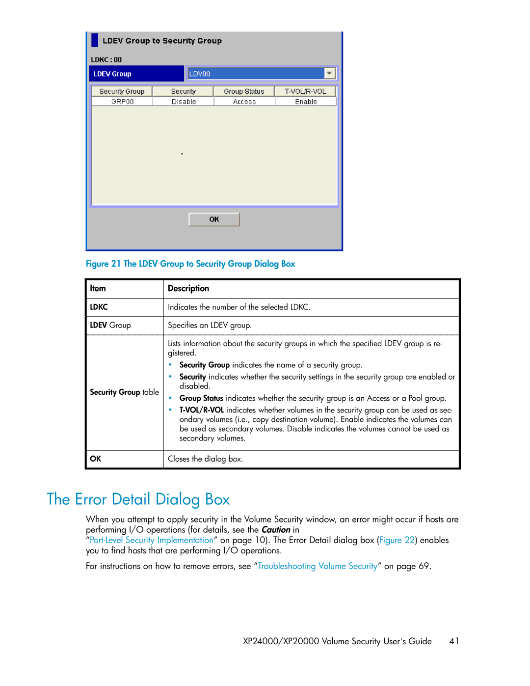 HP XP24000 manual Error Detail Dialog Box, Ldev Group to Security Group Dialog Box 