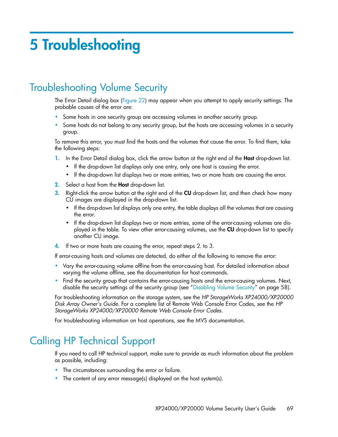 HP XP24000 manual Troubleshooting Volume Security, Calling HP Technical Support 