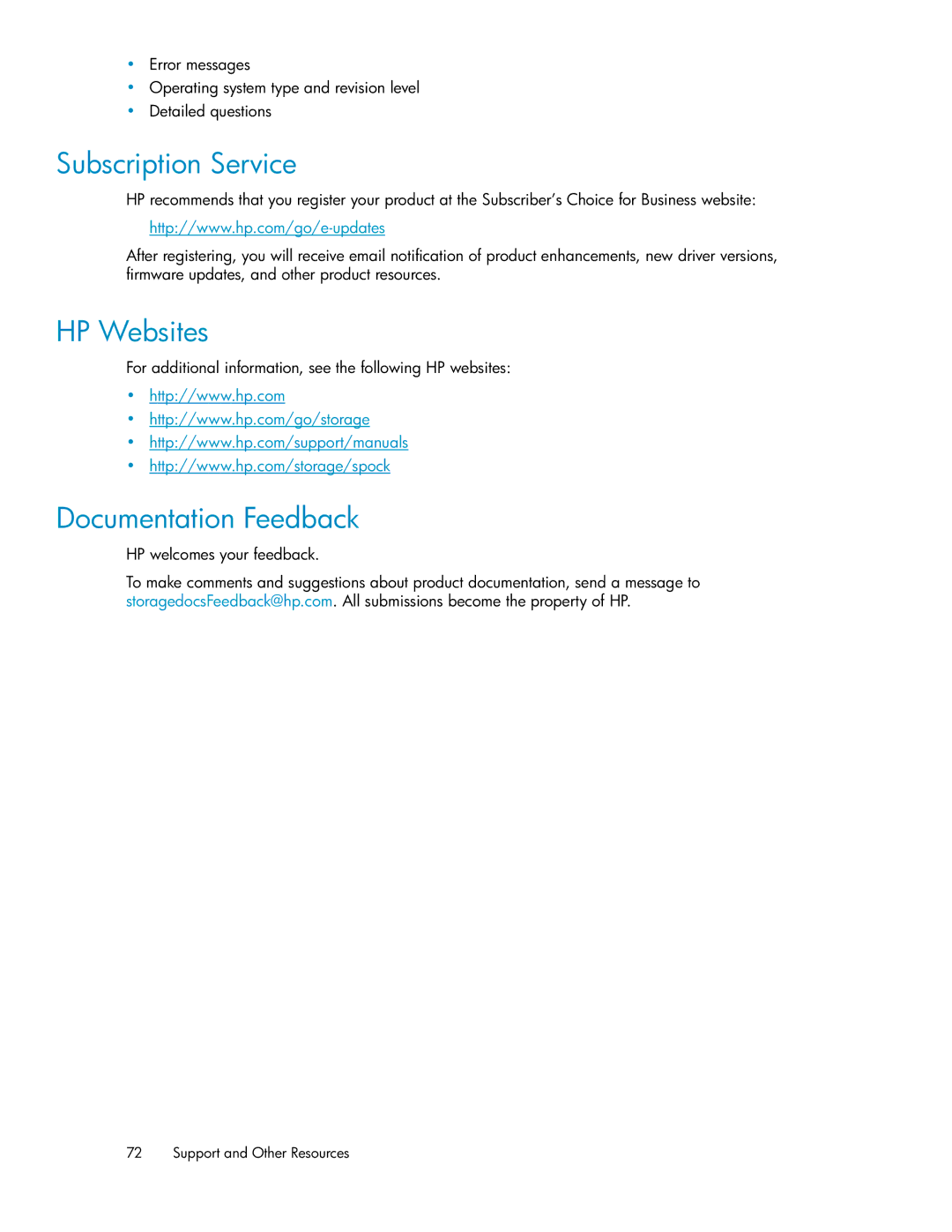 HP XP24000 manual Subscription Service, HP Websites, Documentation Feedback 