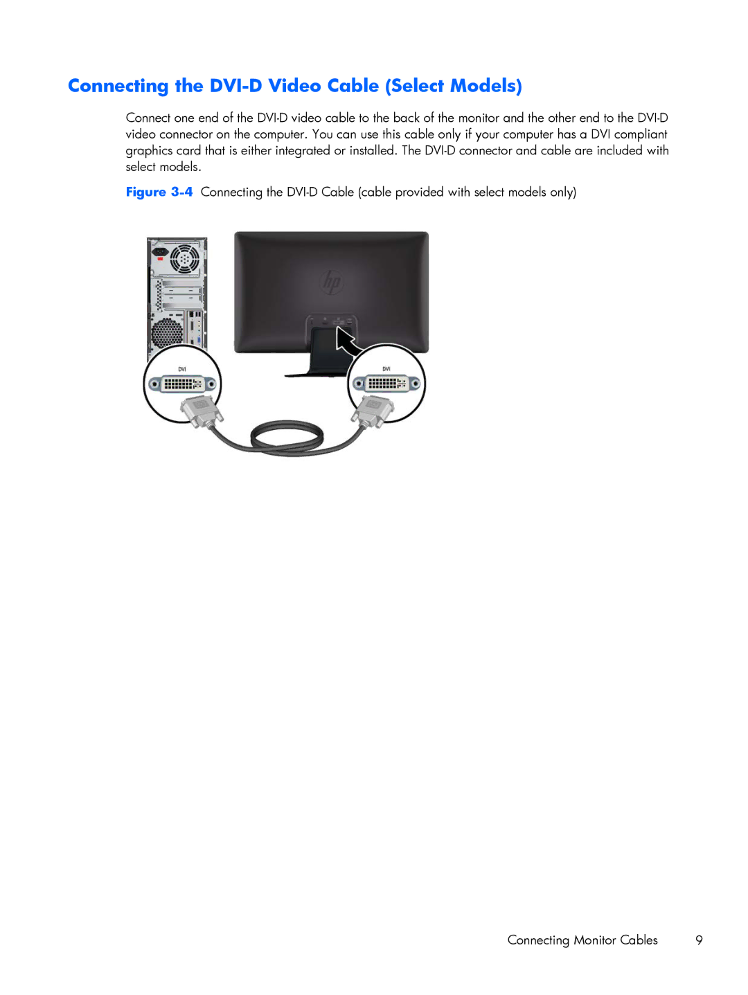 HP 2011XI, XP599AAABA manual Connecting the DVI-D Video Cable Select Models 