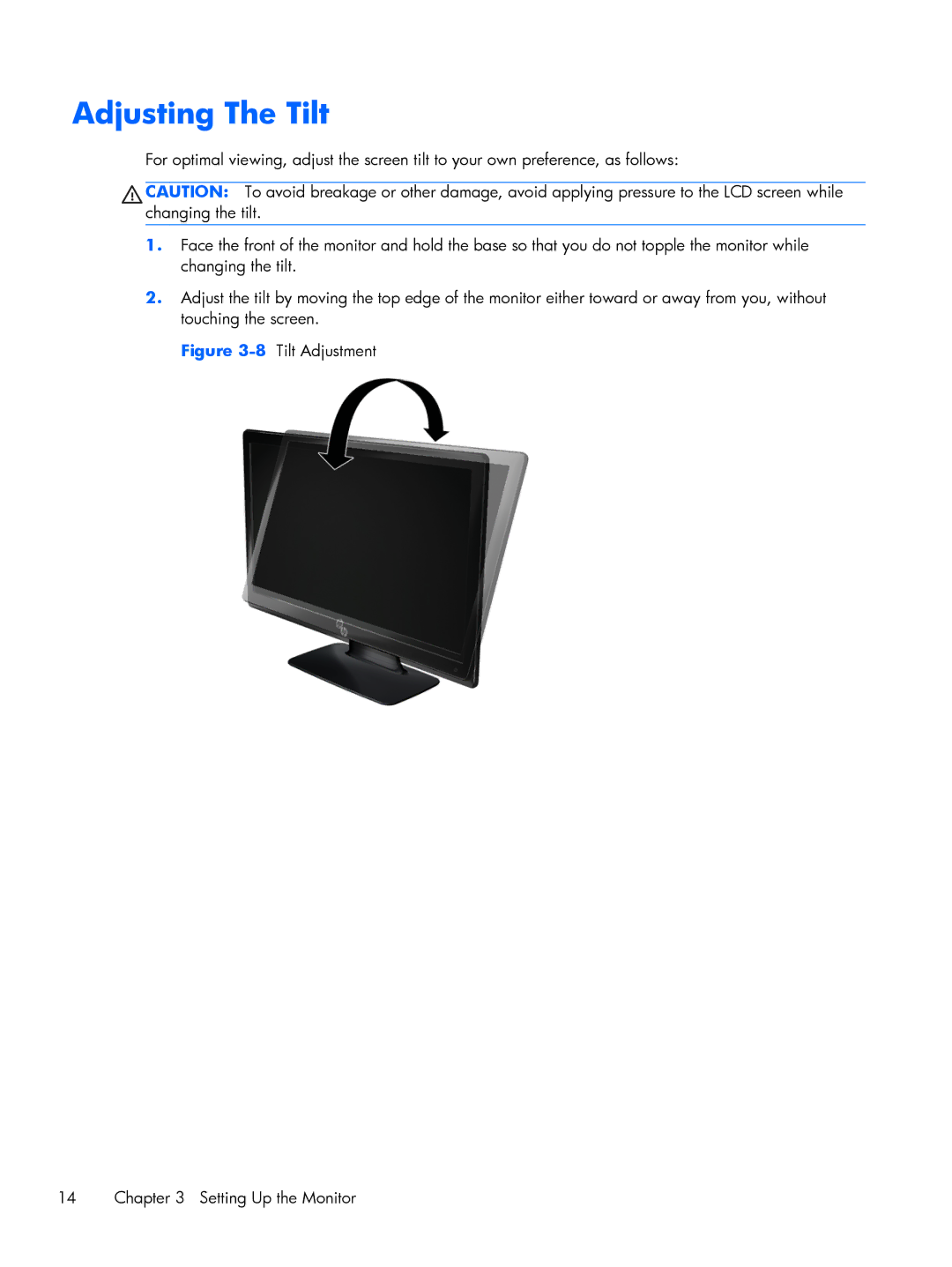 HP XP599AAABA, 2011XI manual Adjusting The Tilt, 8Tilt Adjustment Setting Up the Monitor 