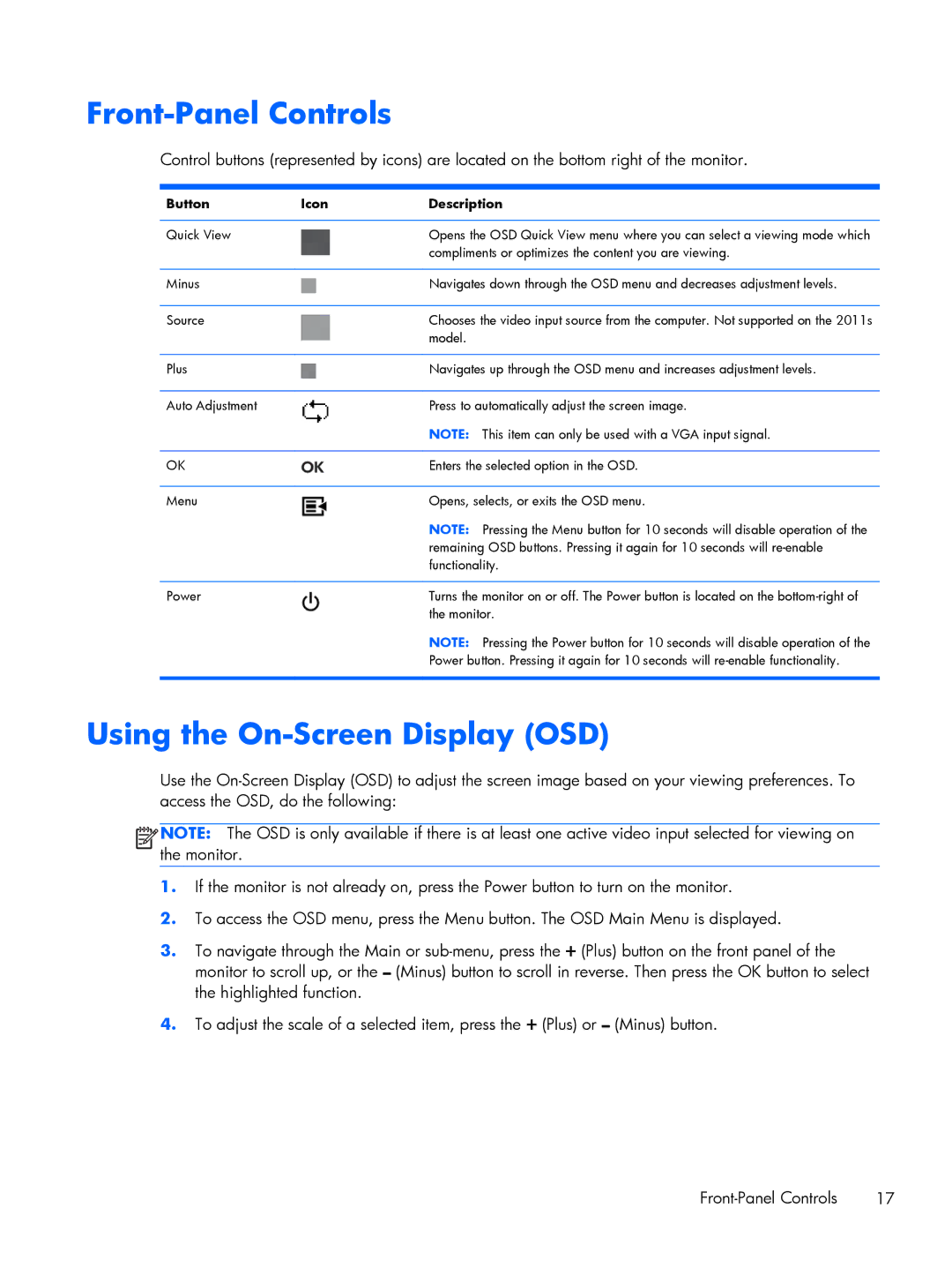 HP 2011XI, XP599AAABA manual Front-Panel Controls, Using the On-Screen Display OSD 