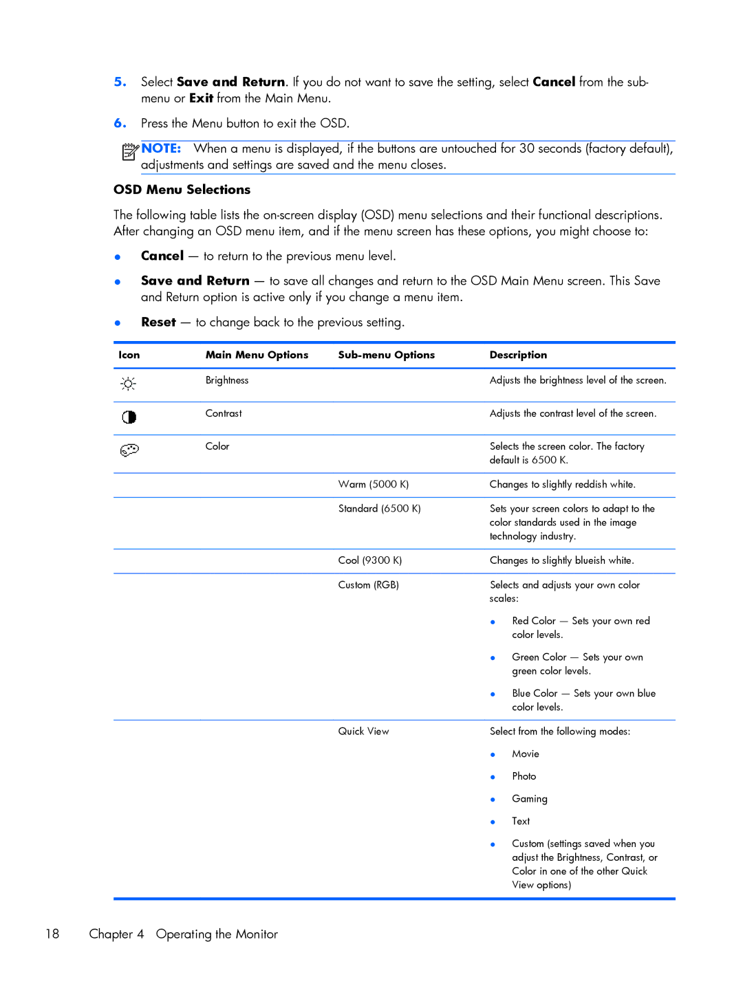 HP XP599AAABA, 2011XI manual OSD Menu Selections 