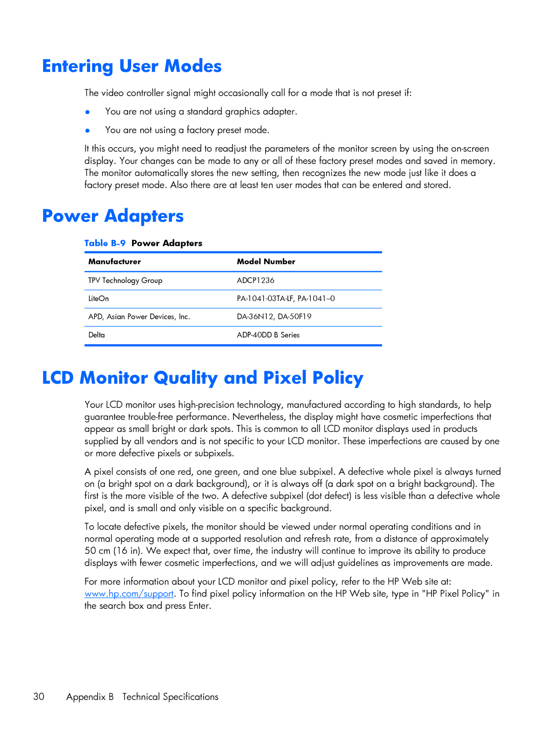 HP XP599AAABA, 2011XI manual Entering User Modes, Power Adapters, LCD Monitor Quality and Pixel Policy 