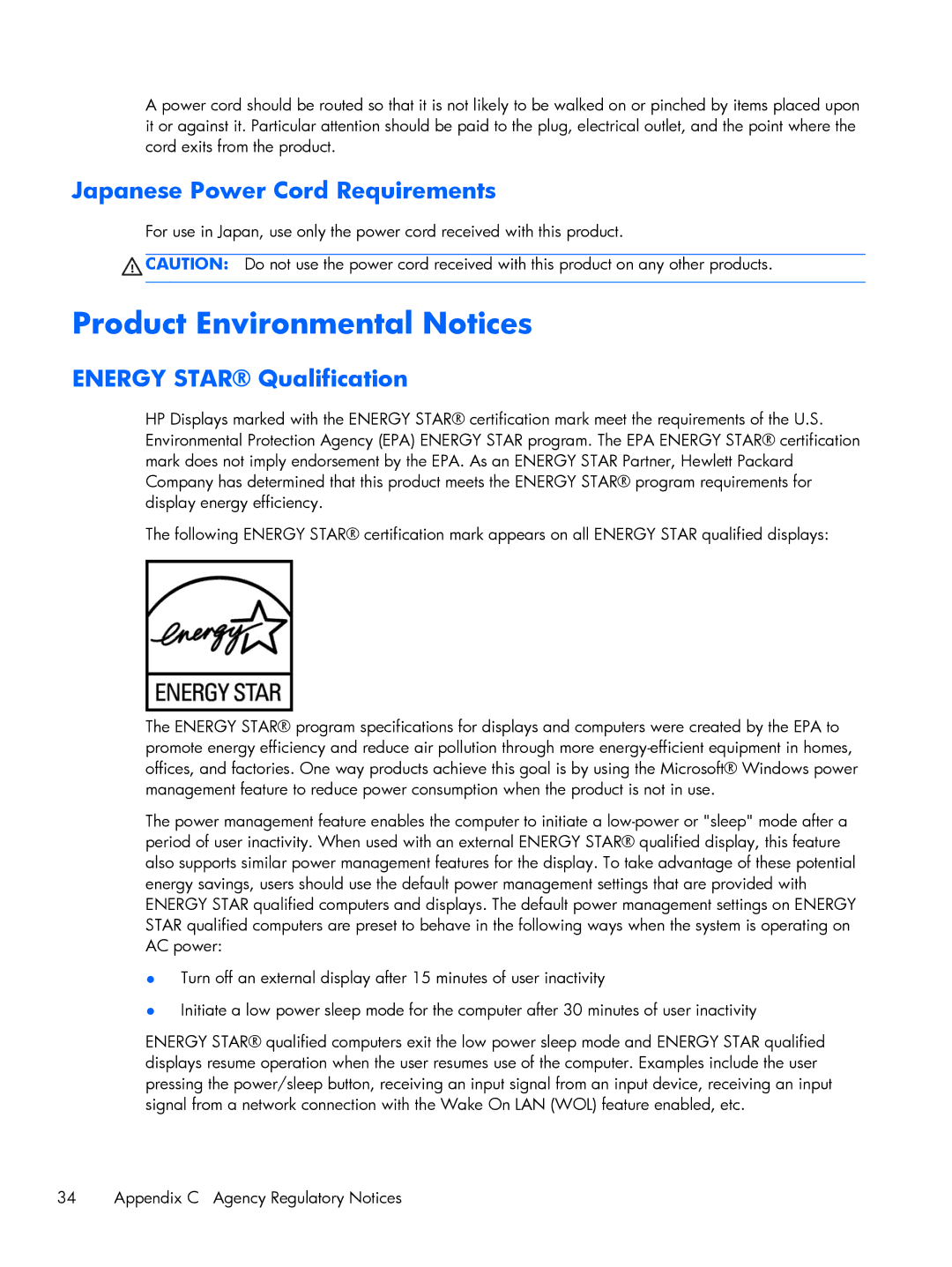 HP XP599AAABA, 2011XI manual Product Environmental Notices, Japanese Power Cord Requirements, Energy Star Qualification 