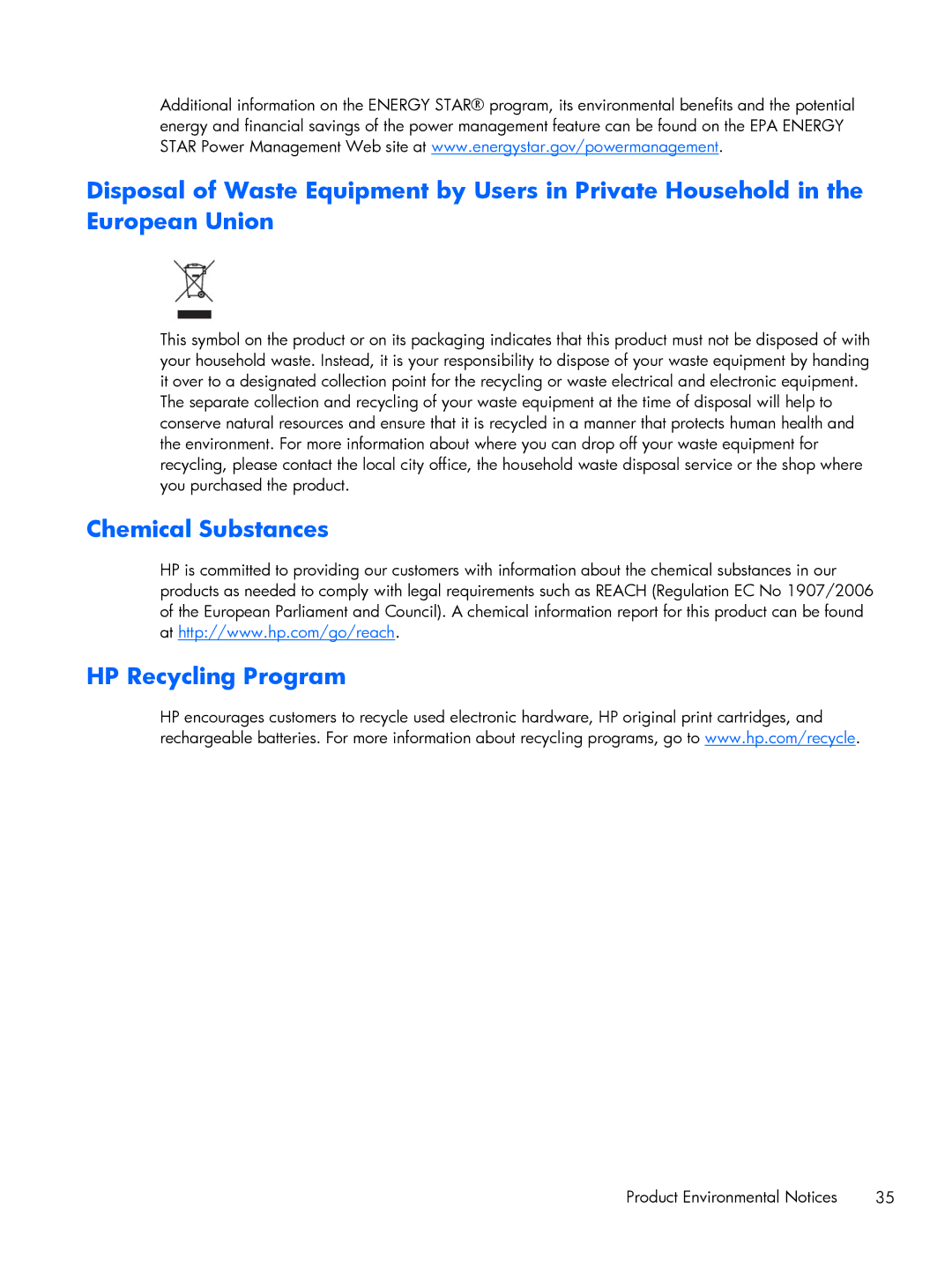 HP 2011XI, XP599AAABA manual Chemical Substances HP Recycling Program 