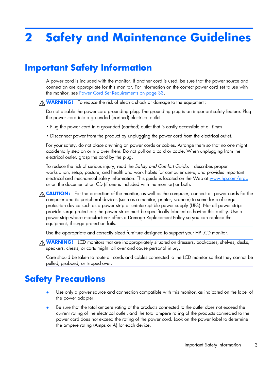 HP 2011XI, XP599AAABA manual Safety and Maintenance Guidelines, Important Safety Information, Safety Precautions 