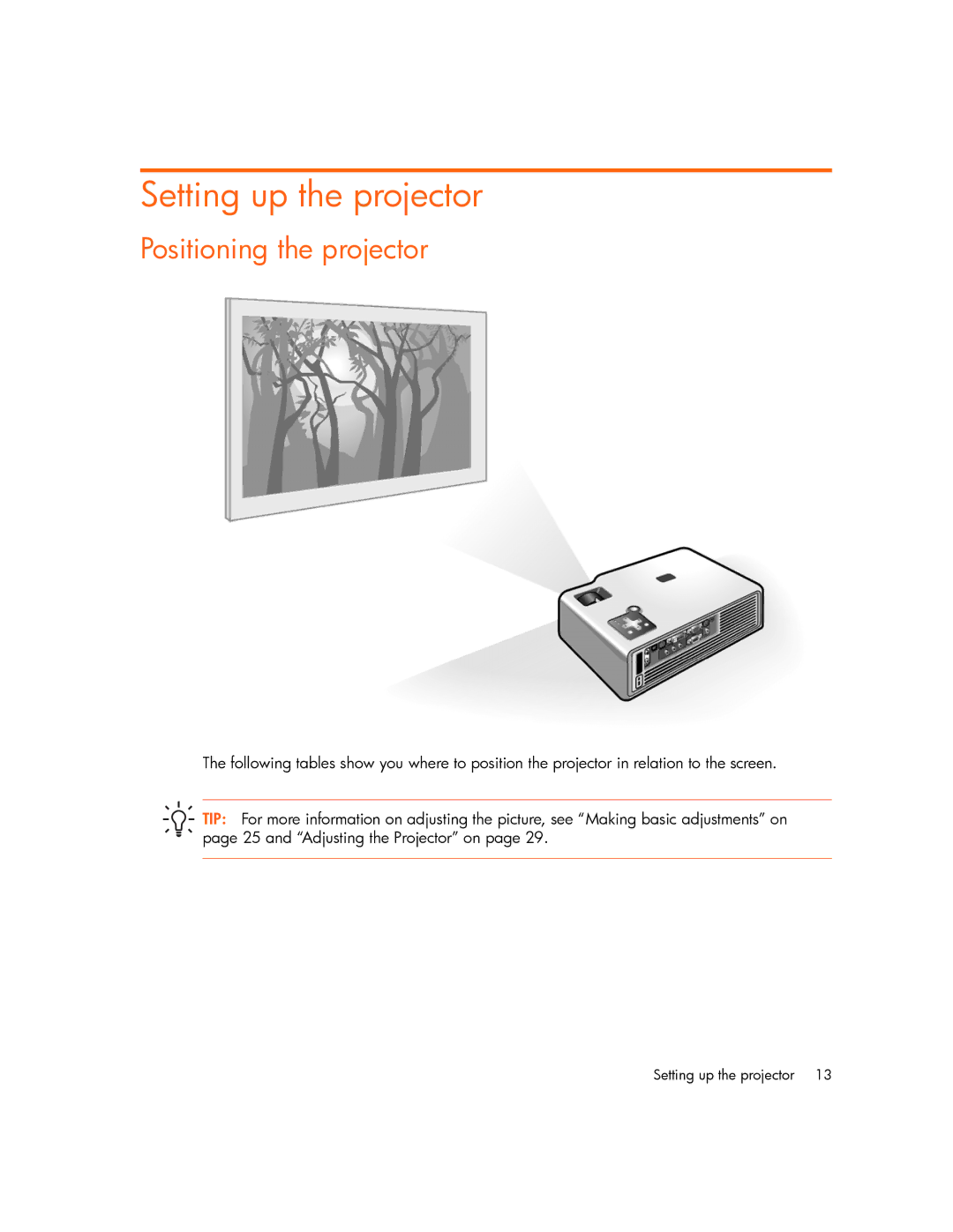 HP xp7000 manual Setting up the projector, Positioning the projector 