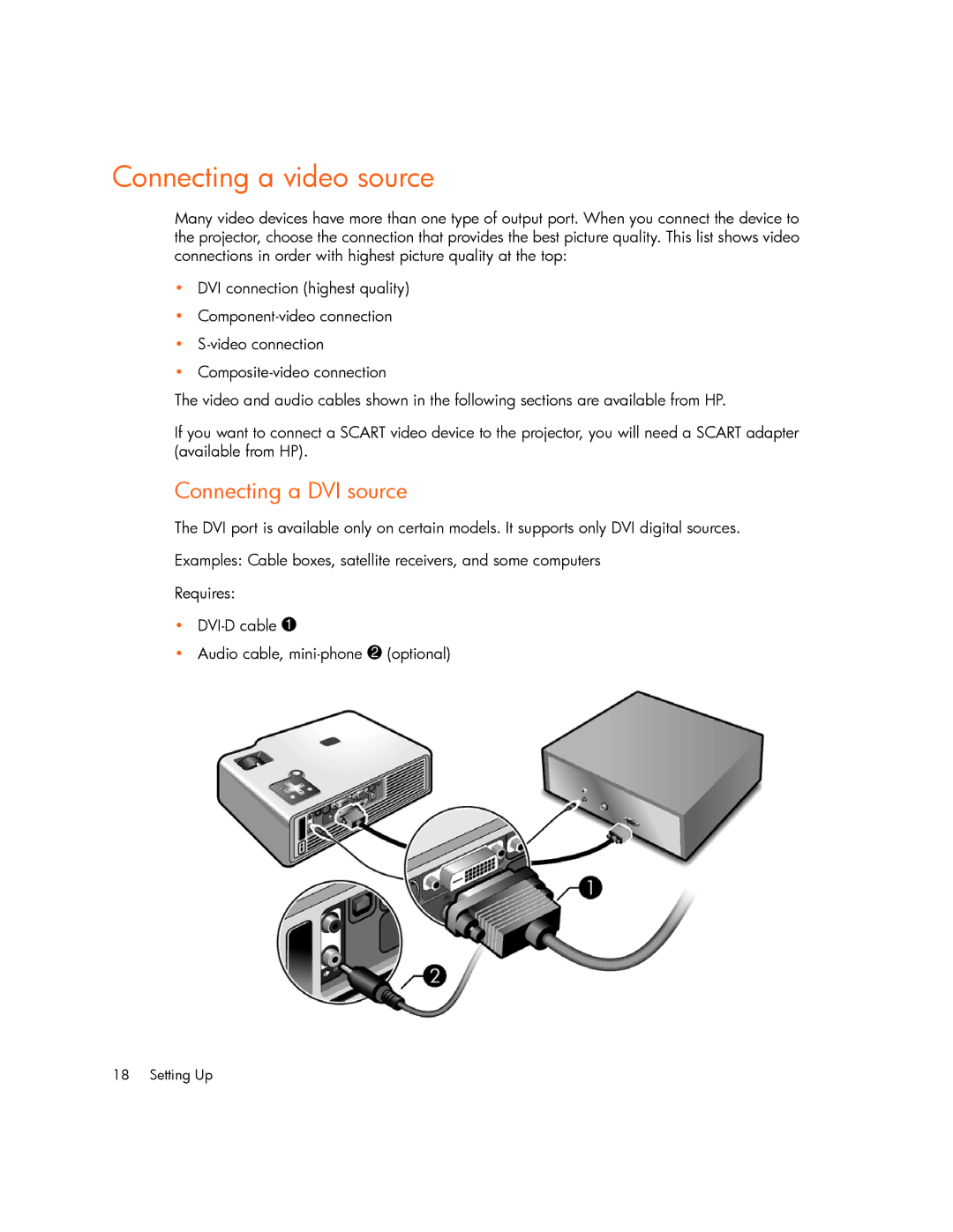 HP xp7000 manual Connecting a video source, Connecting a DVI source 