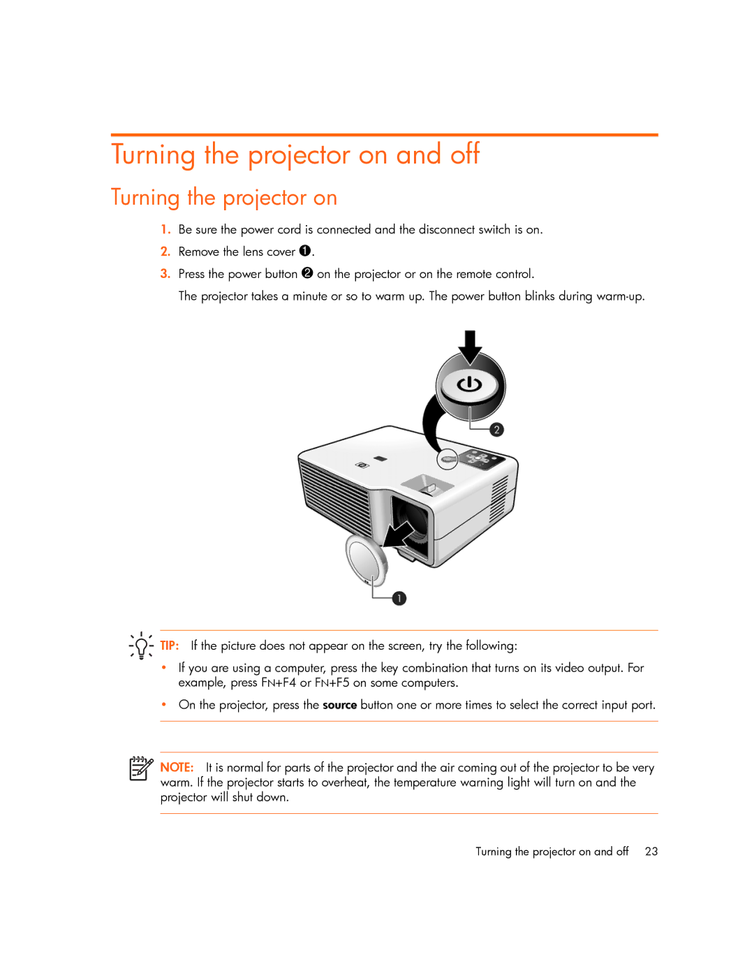 HP xp7000 manual Turning the projector on and off 