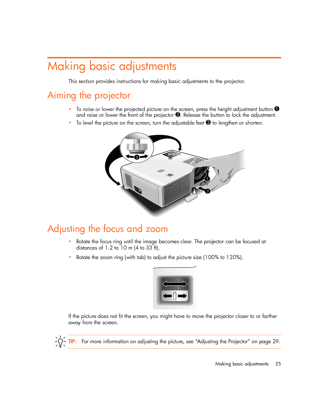 HP xp7000 manual Making basic adjustments, Aiming the projector, Adjusting the focus and zoom 