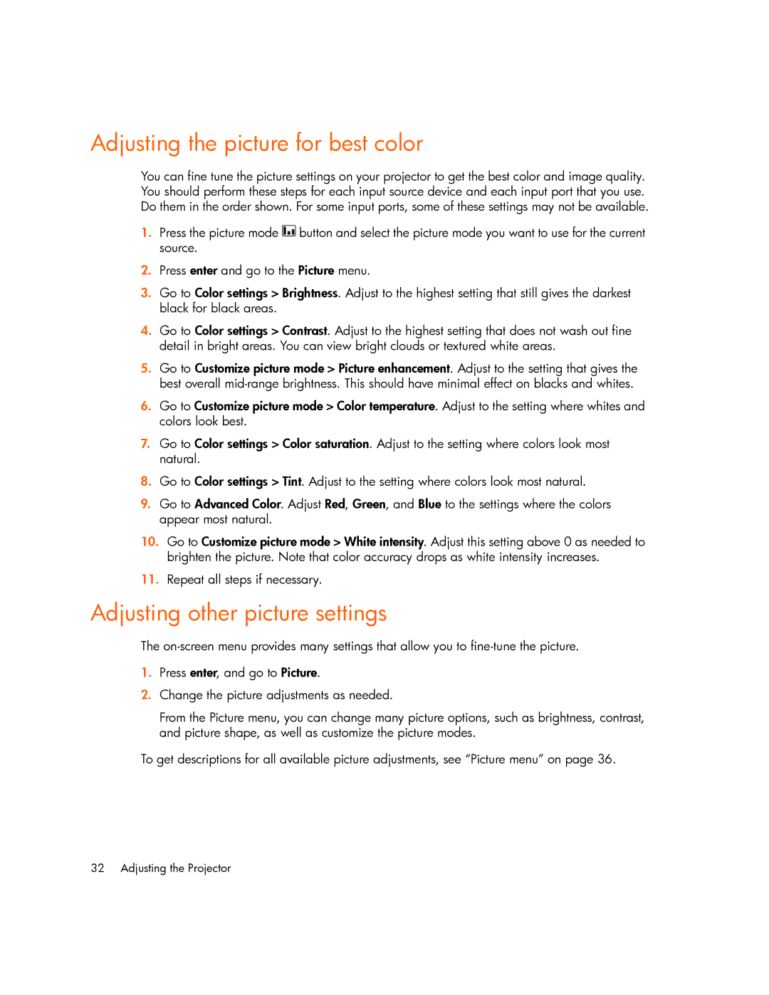 HP xp7000 manual Adjusting the picture for best color, Adjusting other picture settings 