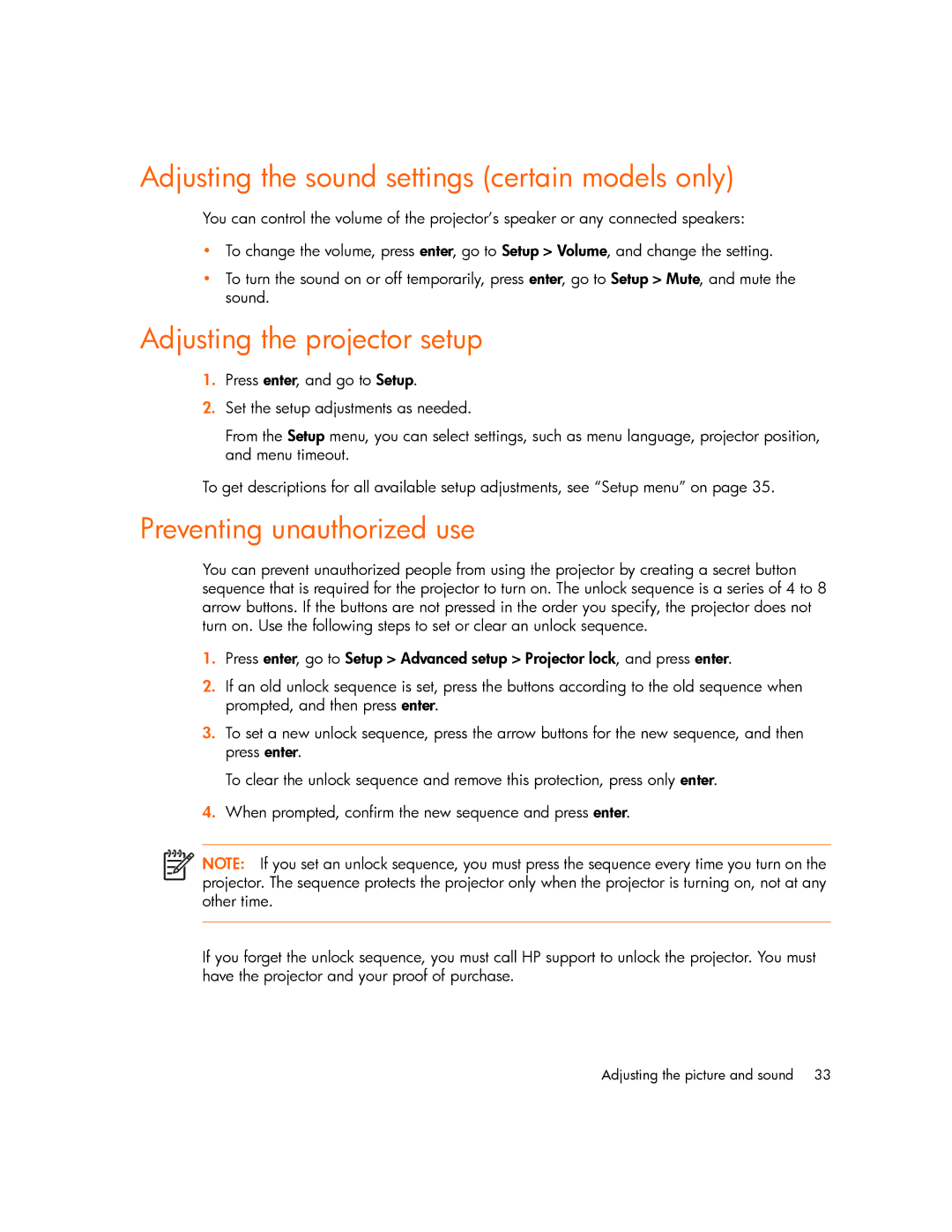 HP xp7000 Adjusting the sound settings certain models only, Adjusting the projector setup, Preventing unauthorized use 