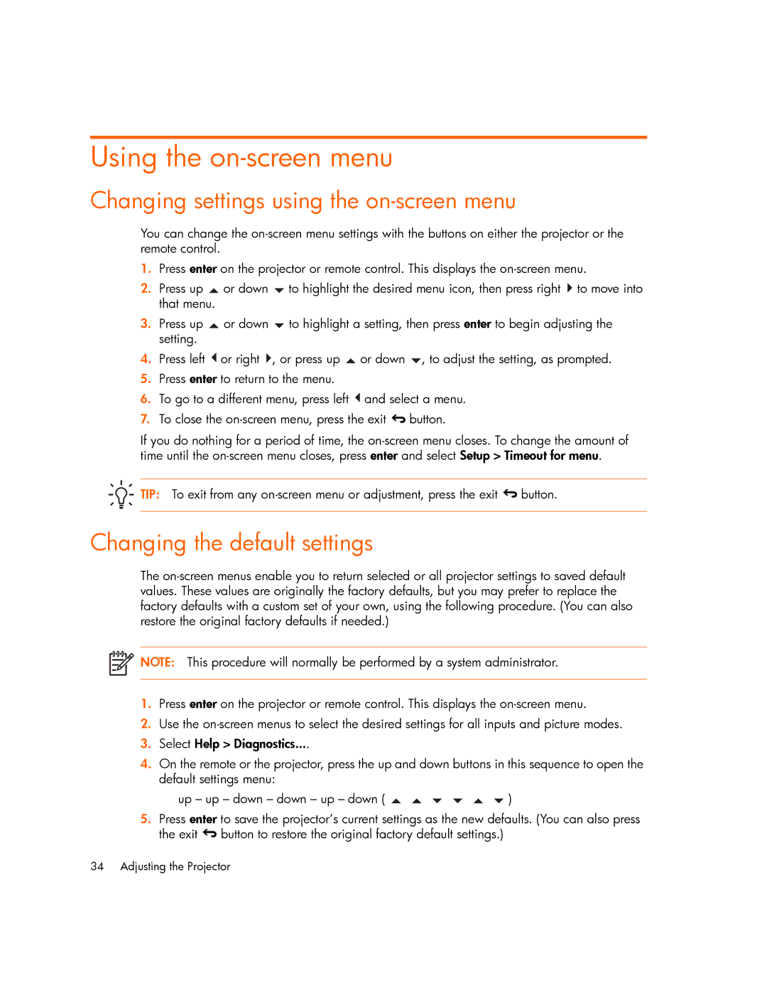 HP xp7000 manual Using the on-screen menu, Changing settings using the on-screen menu, Changing the default settings 