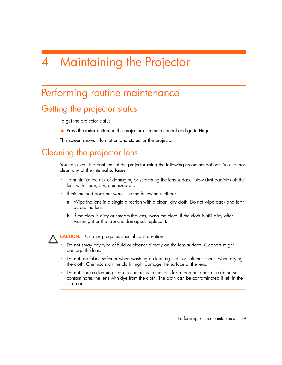 HP xp7000 manual Maintaining the Projector, Performing routine maintenance, Getting the projector status 