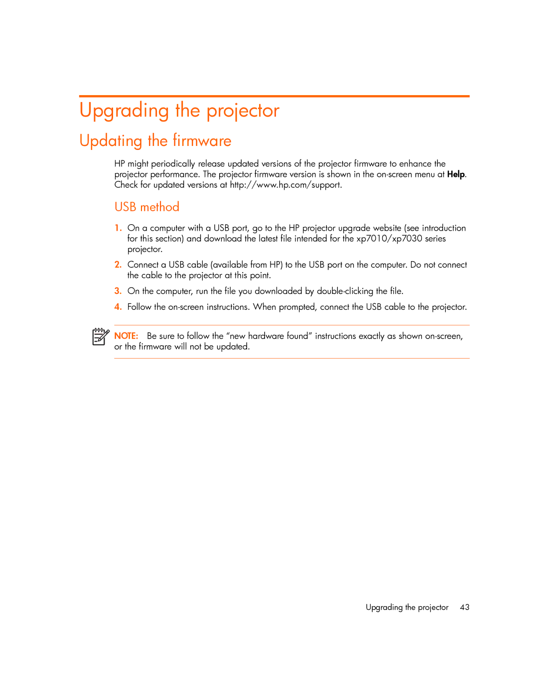 HP xp7000 manual Upgrading the projector, Updating the firmware 