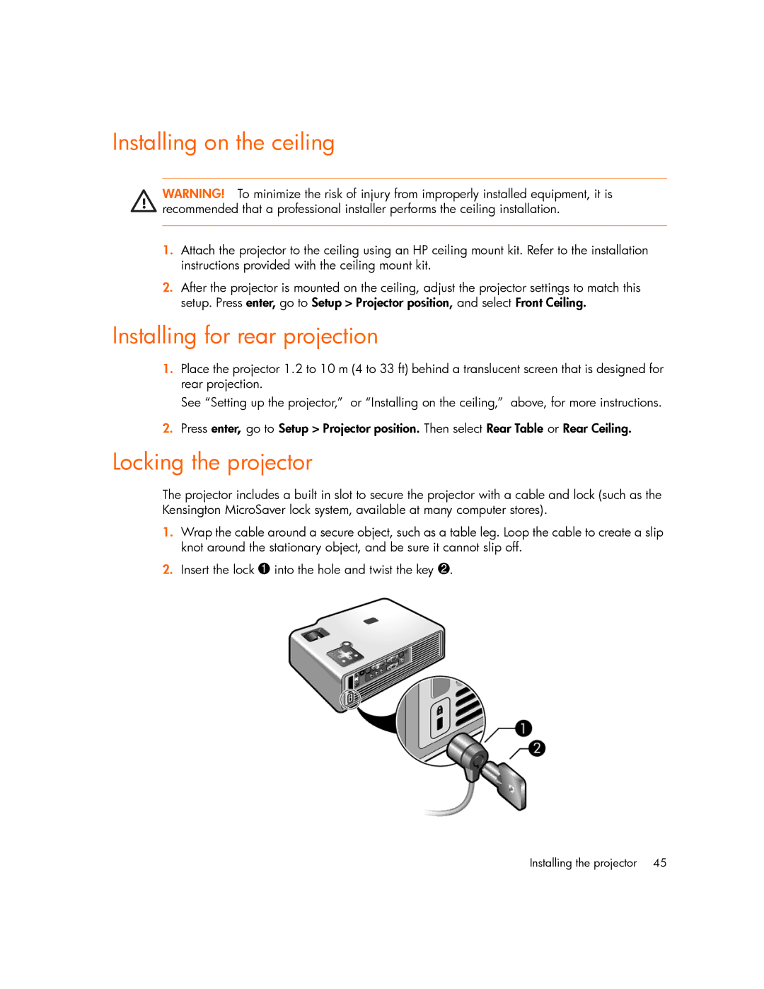 HP xp7000 manual Installing on the ceiling, Installing for rear projection, Locking the projector 